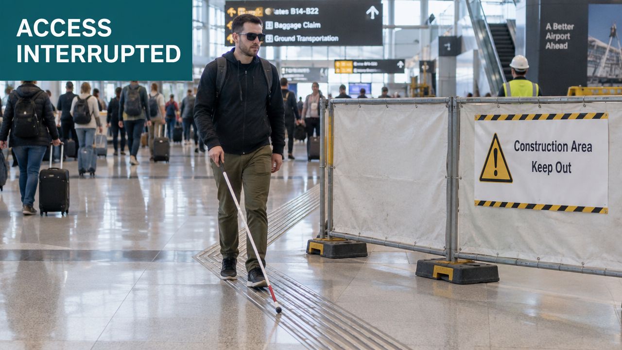 A visually impaired man using a white cane walks through a modern airport terminal near construction barriers.