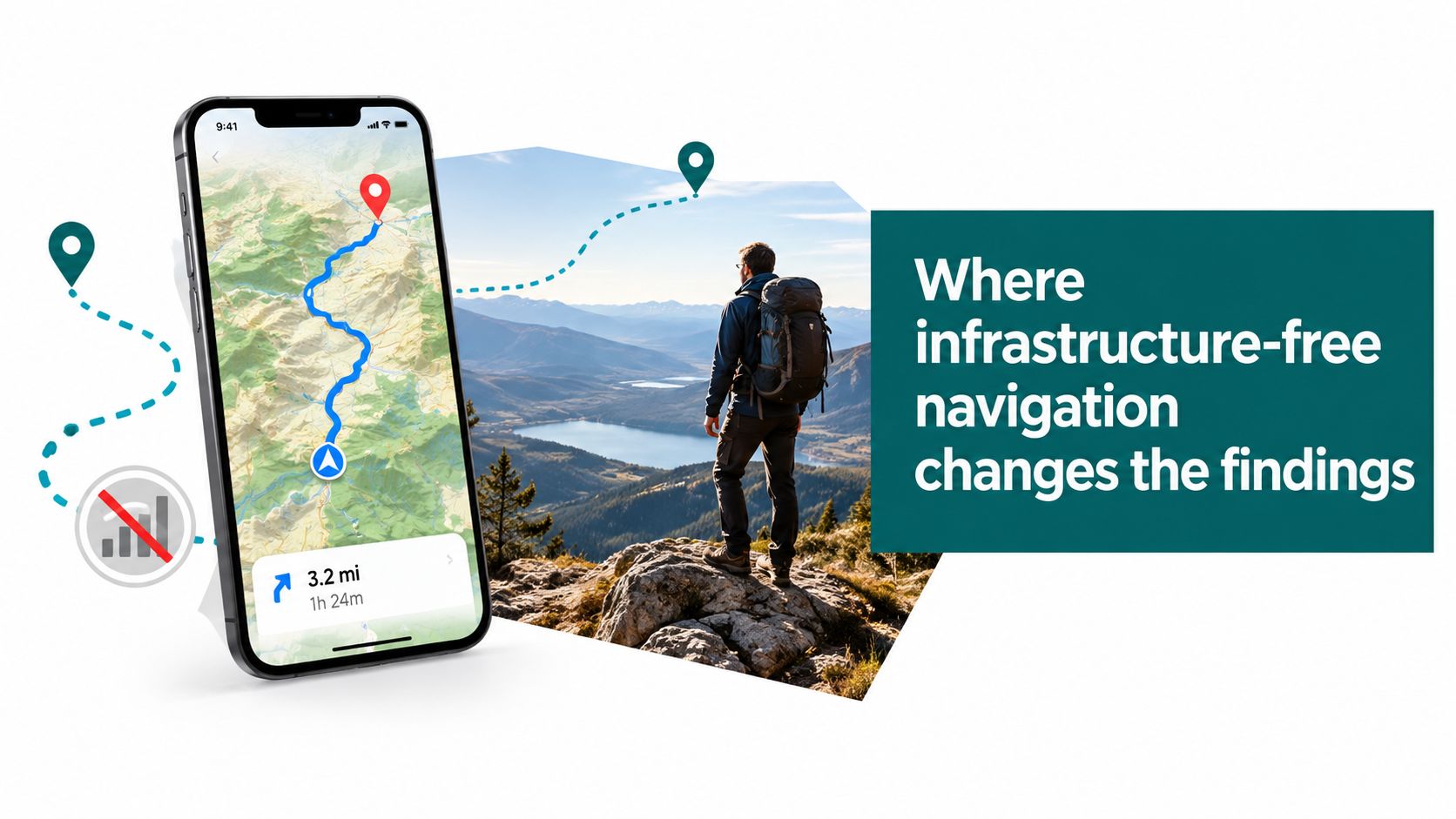 A hiker looking at a mountain view with a smartphone showing an offline navigation route map.