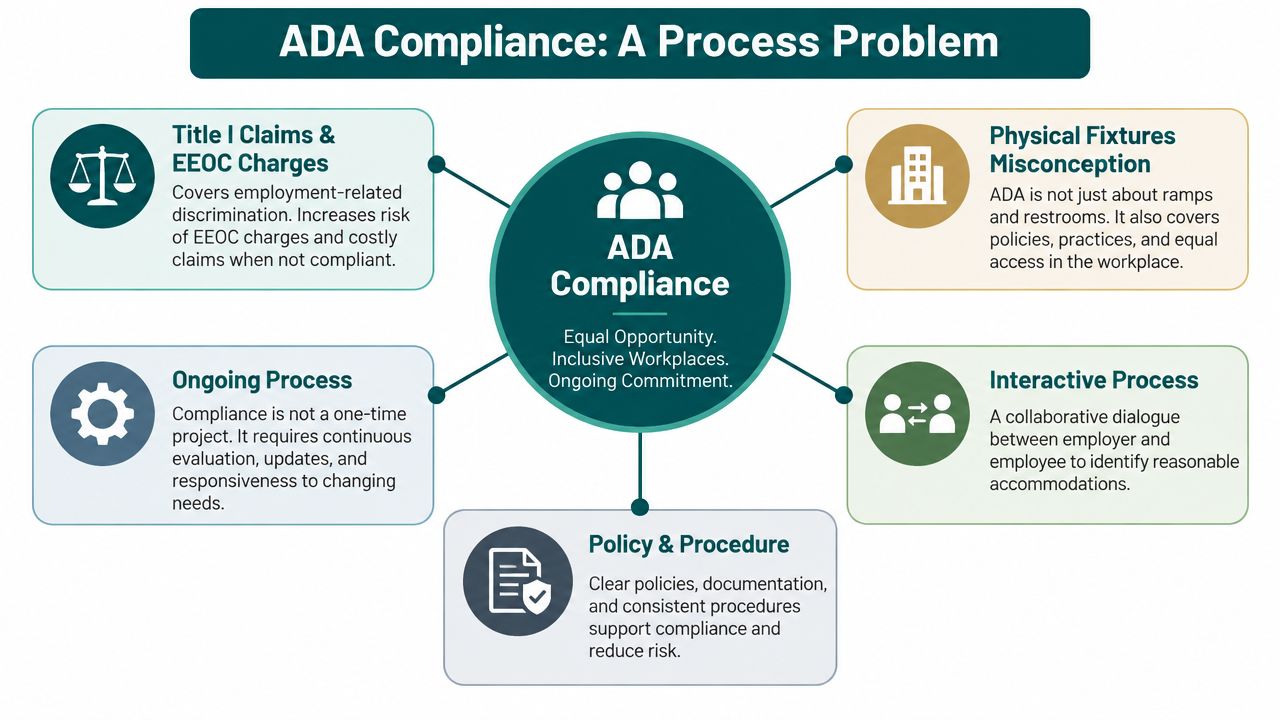 A diagram outlining the multifaceted nature of ADA compliance, including processes, policies, and employer responsibilities.