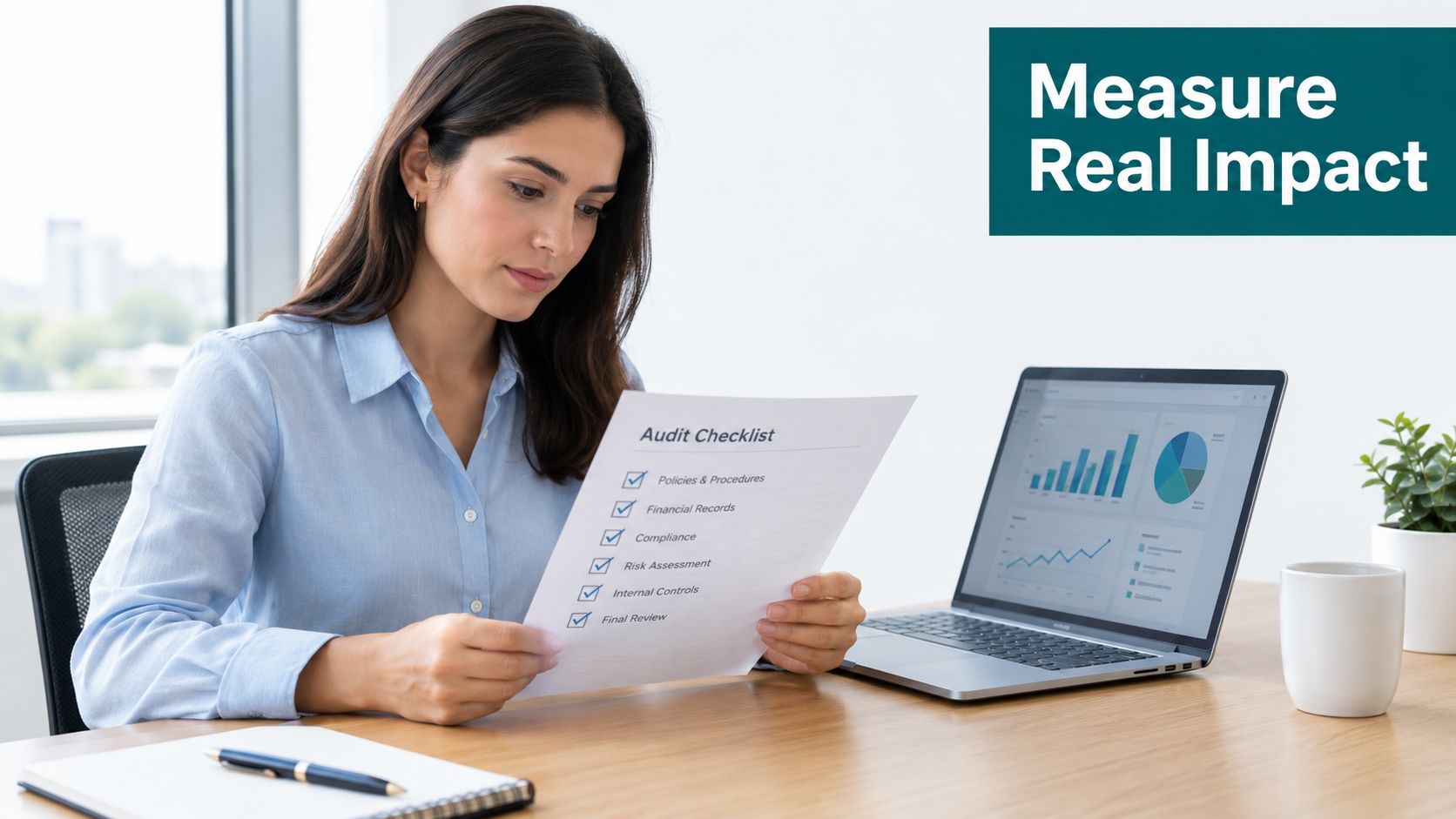 A professional woman reviewing an audit checklist at her desk with a laptop displaying business charts.