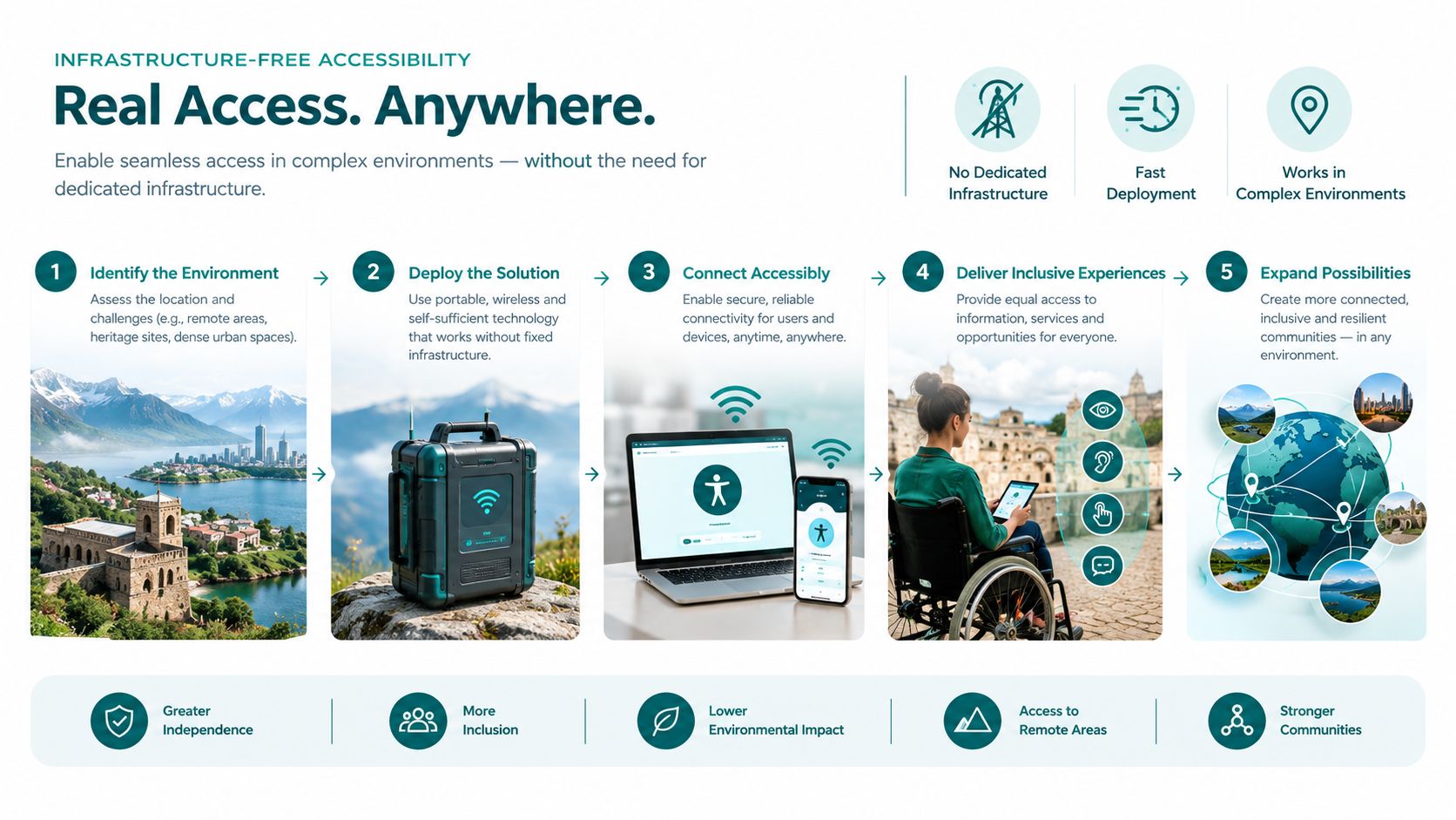 An infographic illustrating a five-step process for deploying infrastructure-free connectivity to improve global accessibility.