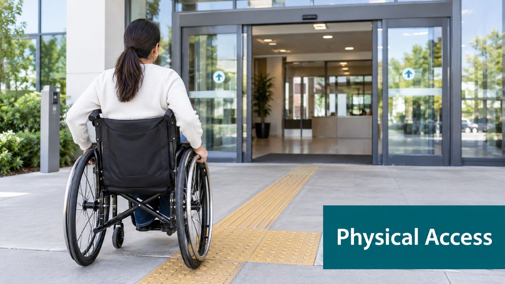 A woman in a wheelchair approaching automatic sliding doors at a building entrance with tactile paving.