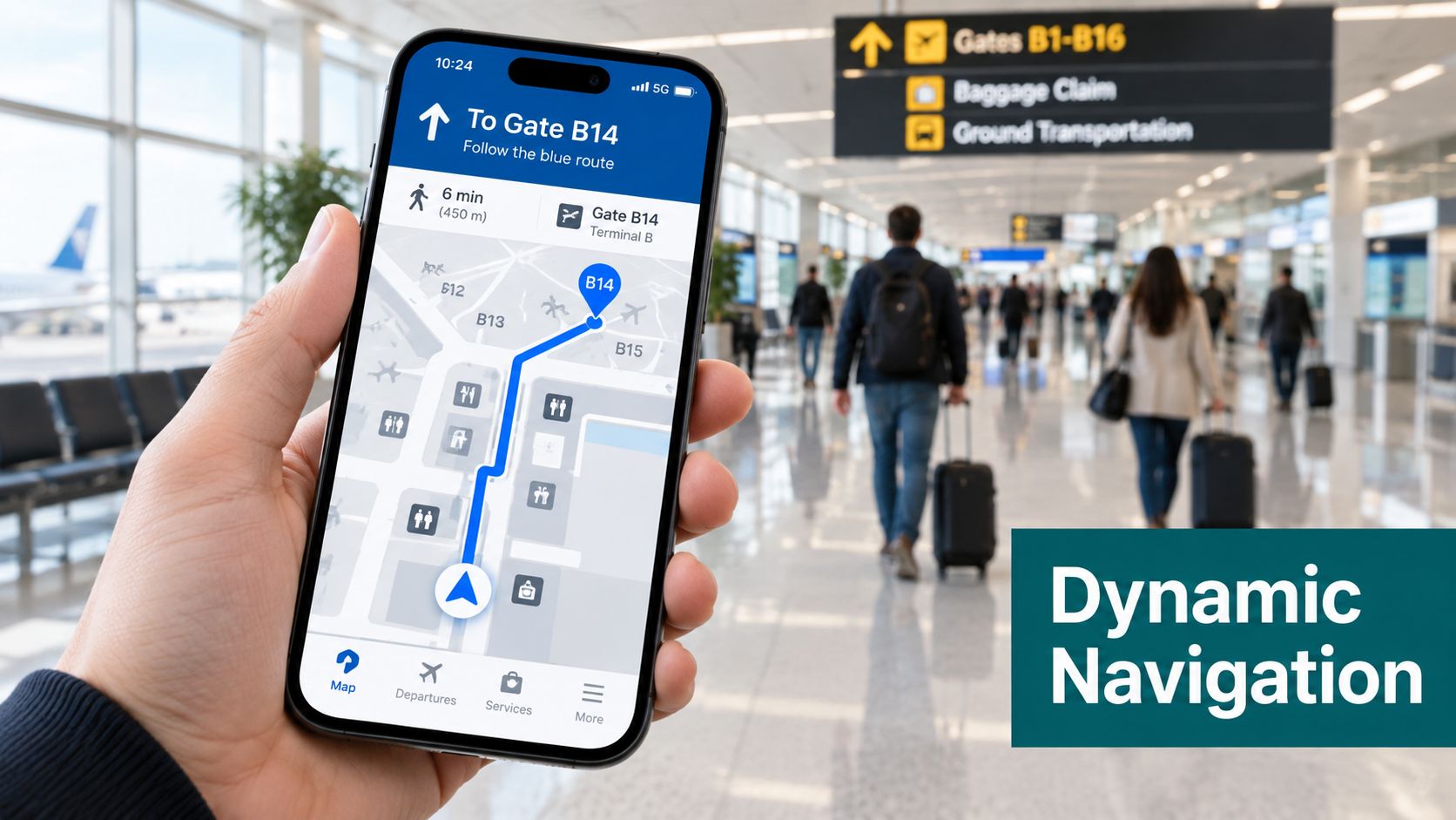 A traveler holds a smartphone displaying an airport terminal navigation map while walking through a busy airport.