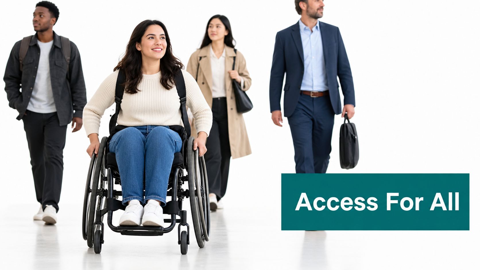 A diverse group of professional people walking in a bright office space with a woman in a wheelchair.