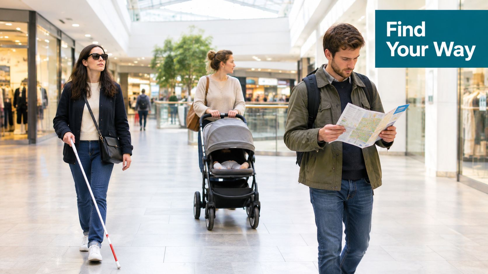 People walking through a brightly lit modern shopping mall, including a blind woman with a white cane.