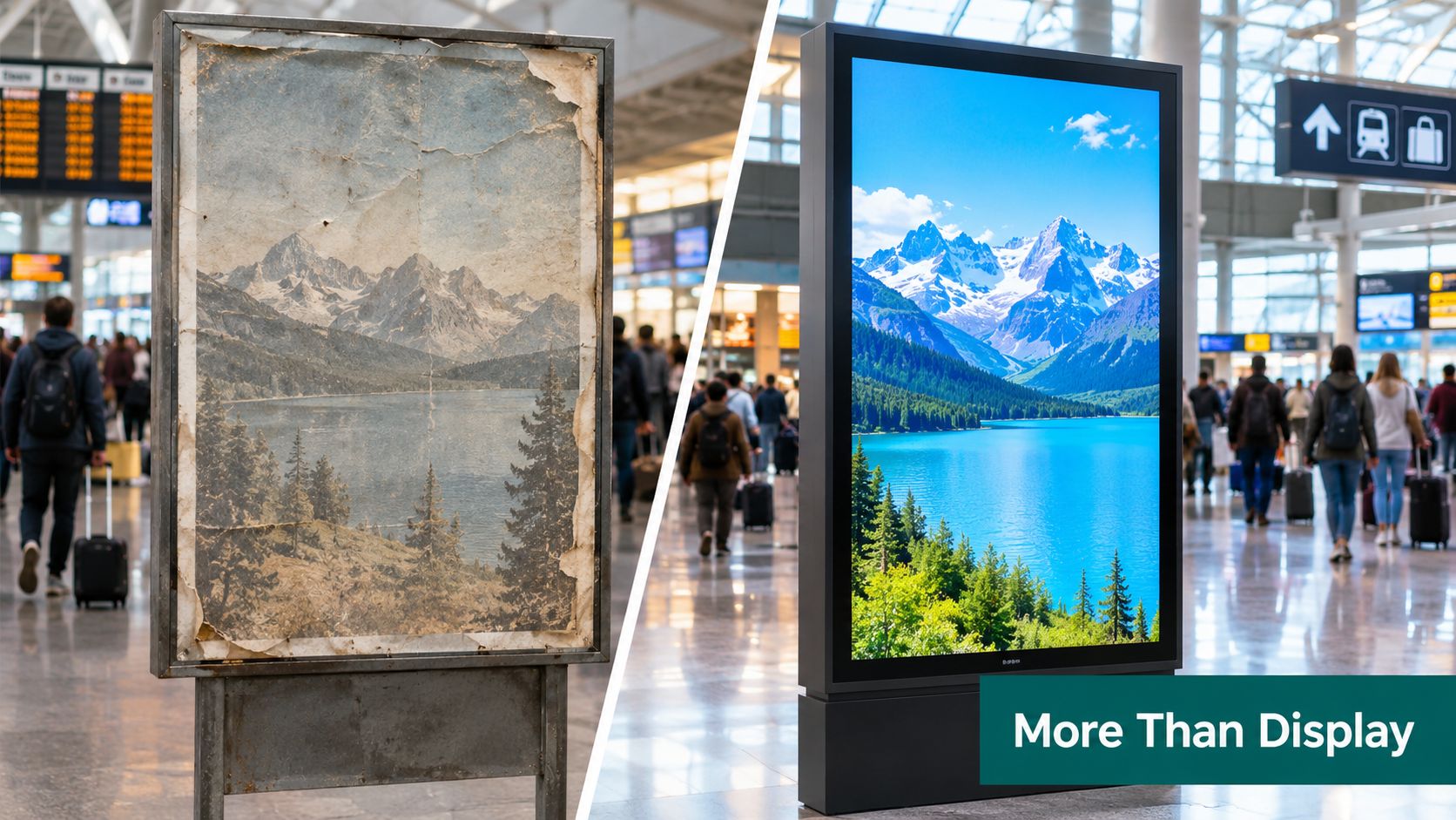 A split-screen comparison showing an old, weathered paper advertisement versus a vibrant, modern high-definition digital signage display.