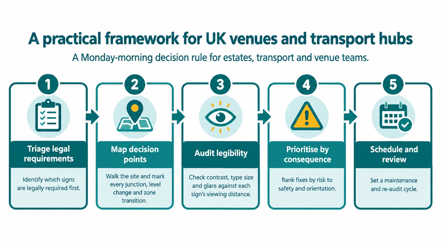 A five-step framework infographic for managing outdoor wayfinding signs in UK venues and transport hubs.