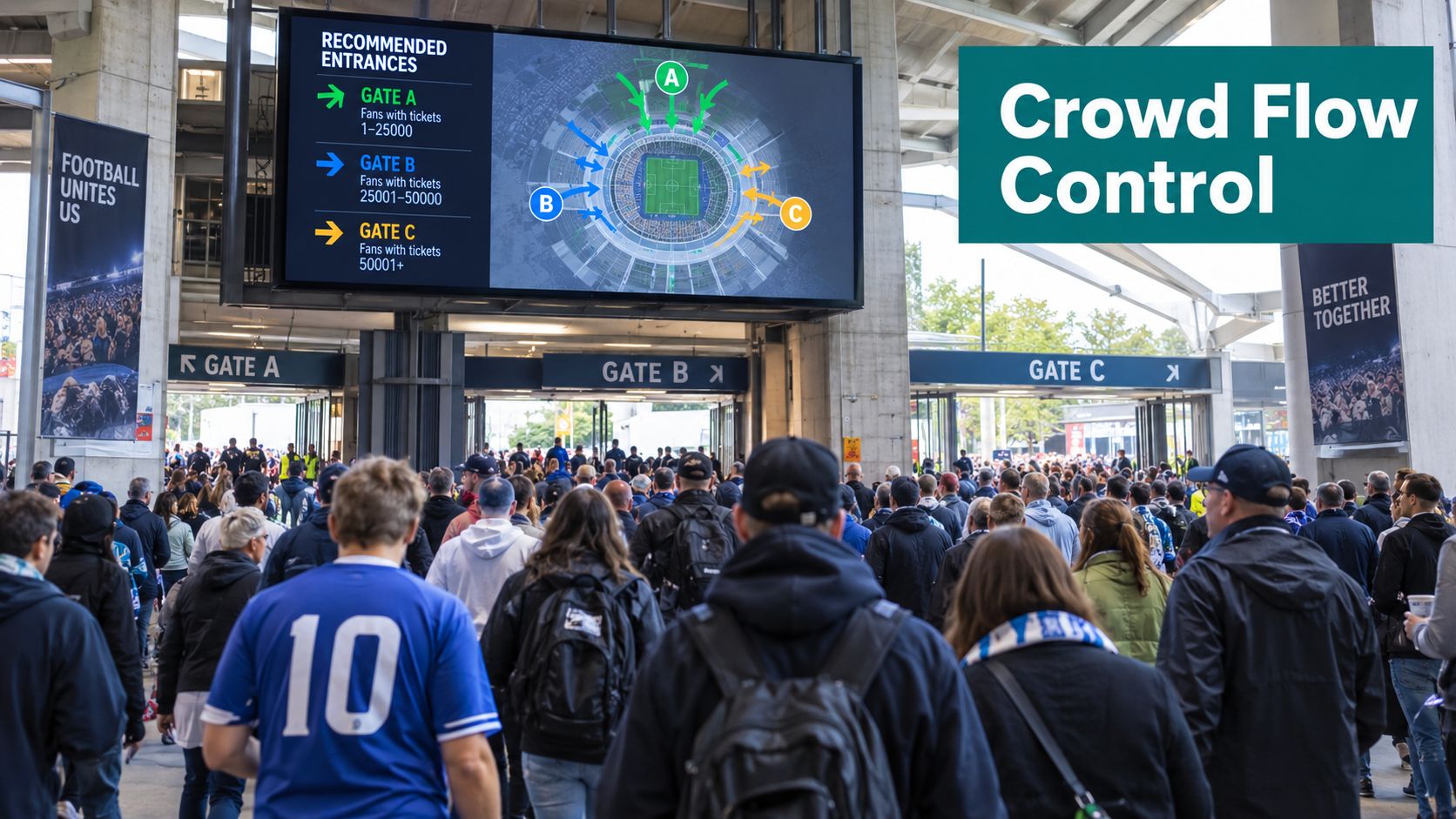 A large stadium entrance with a digital display directing crowds to specific gates based on ticket numbers.