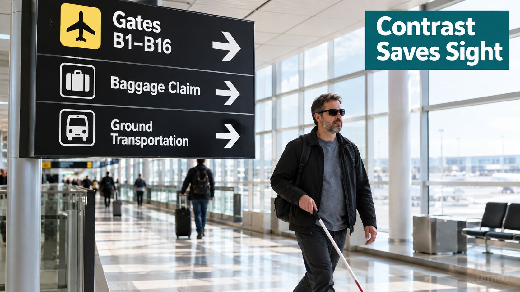 A visually impaired man using a white cane walks through a bright airport terminal past signage.