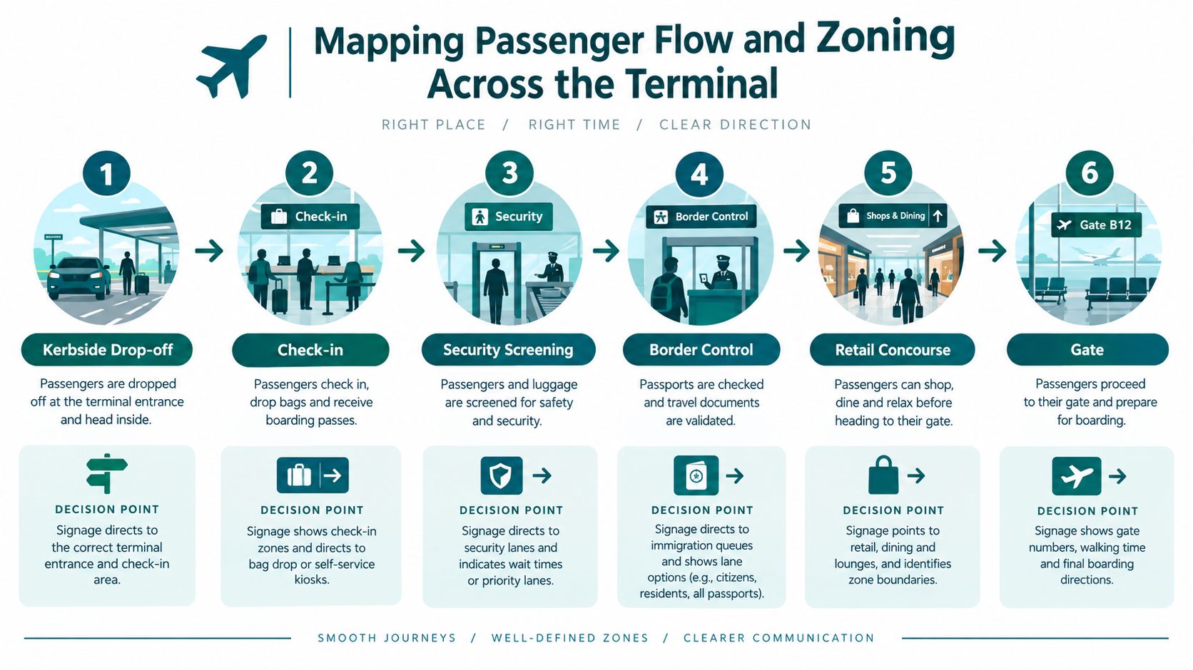 An infographic illustrating the six key stages of passenger flow through an airport terminal with signage.