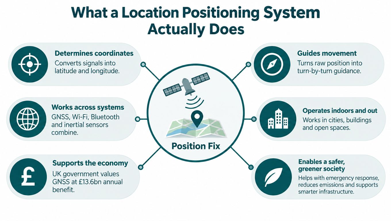 An infographic illustrating how a location positioning system provides navigation, coordinates, economic benefits, and environmental support.