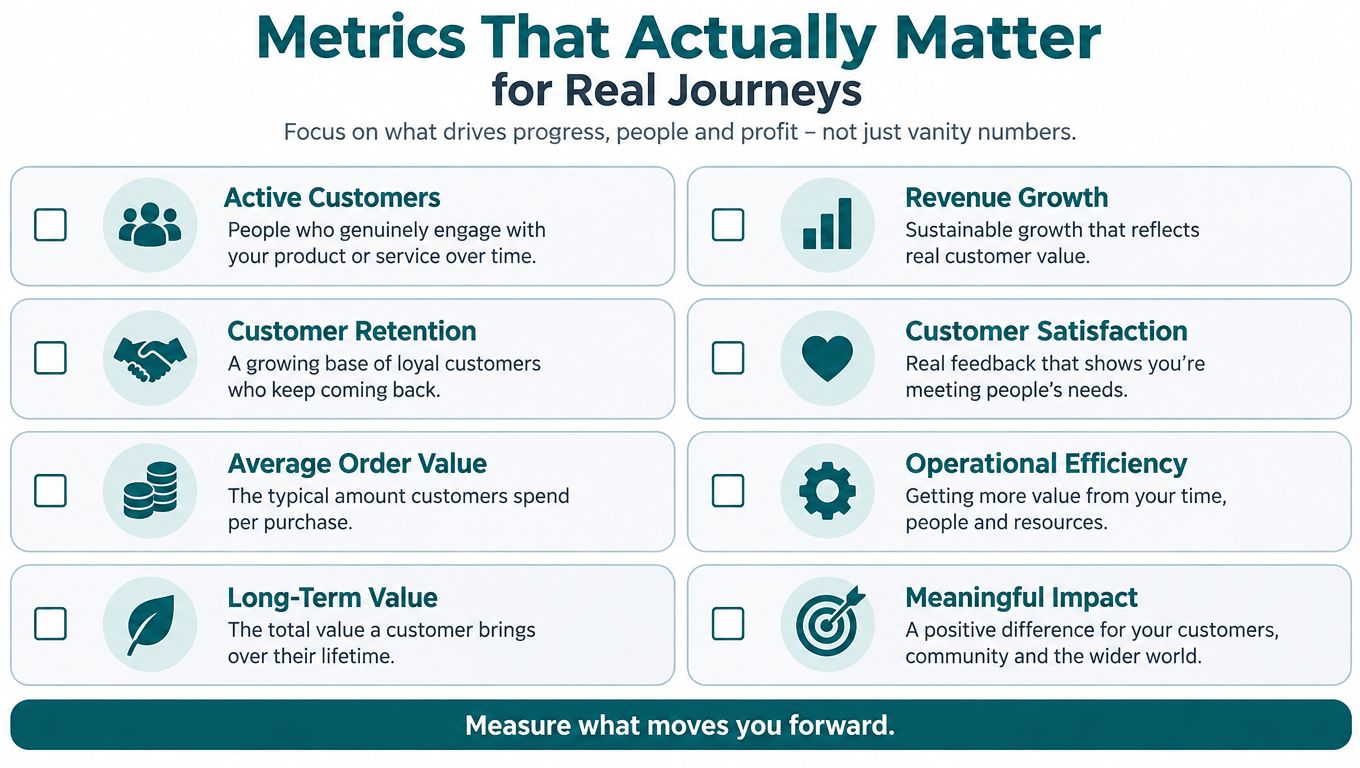 An infographic titled Metrics That Actually Matter for Real Journeys displaying eight key business performance metrics.