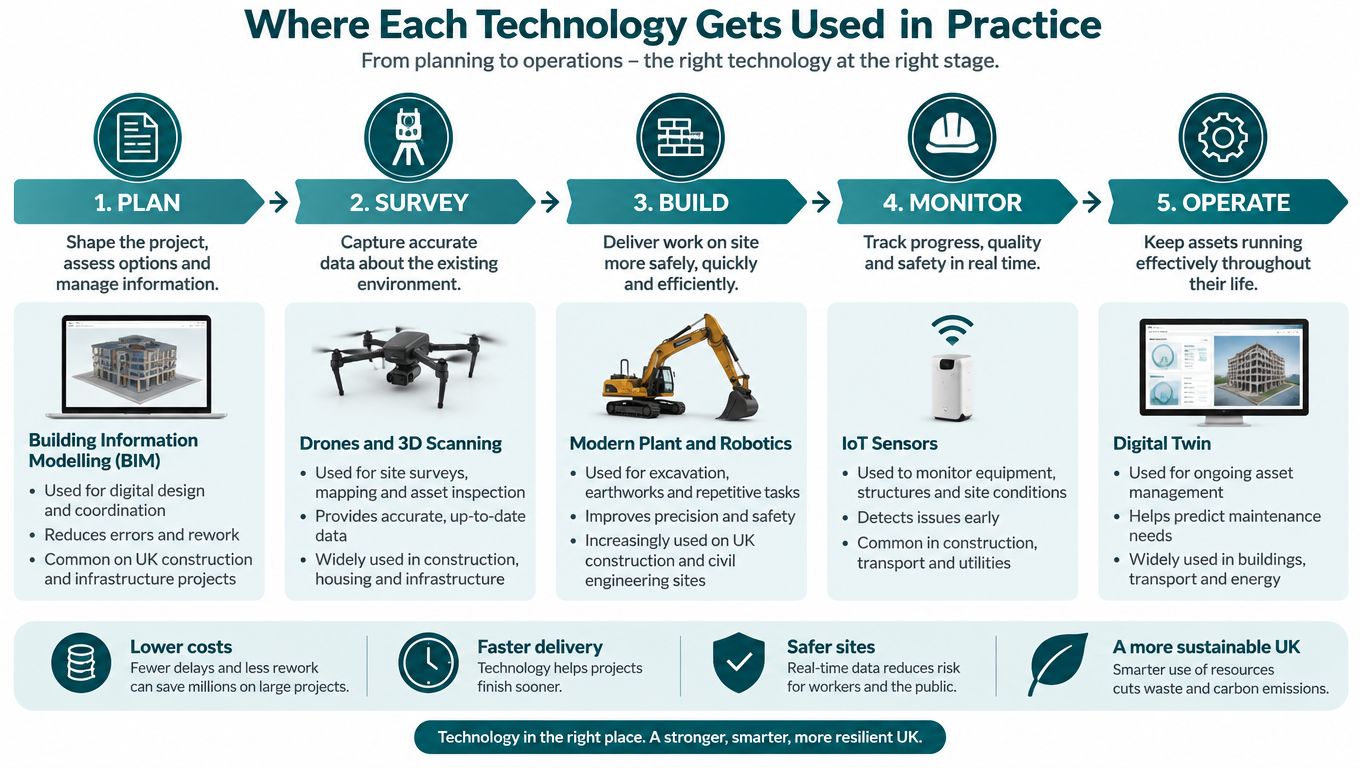 A five-stage construction technology lifecycle infographic detailing planning, surveying, building, monitoring, and operating phases.