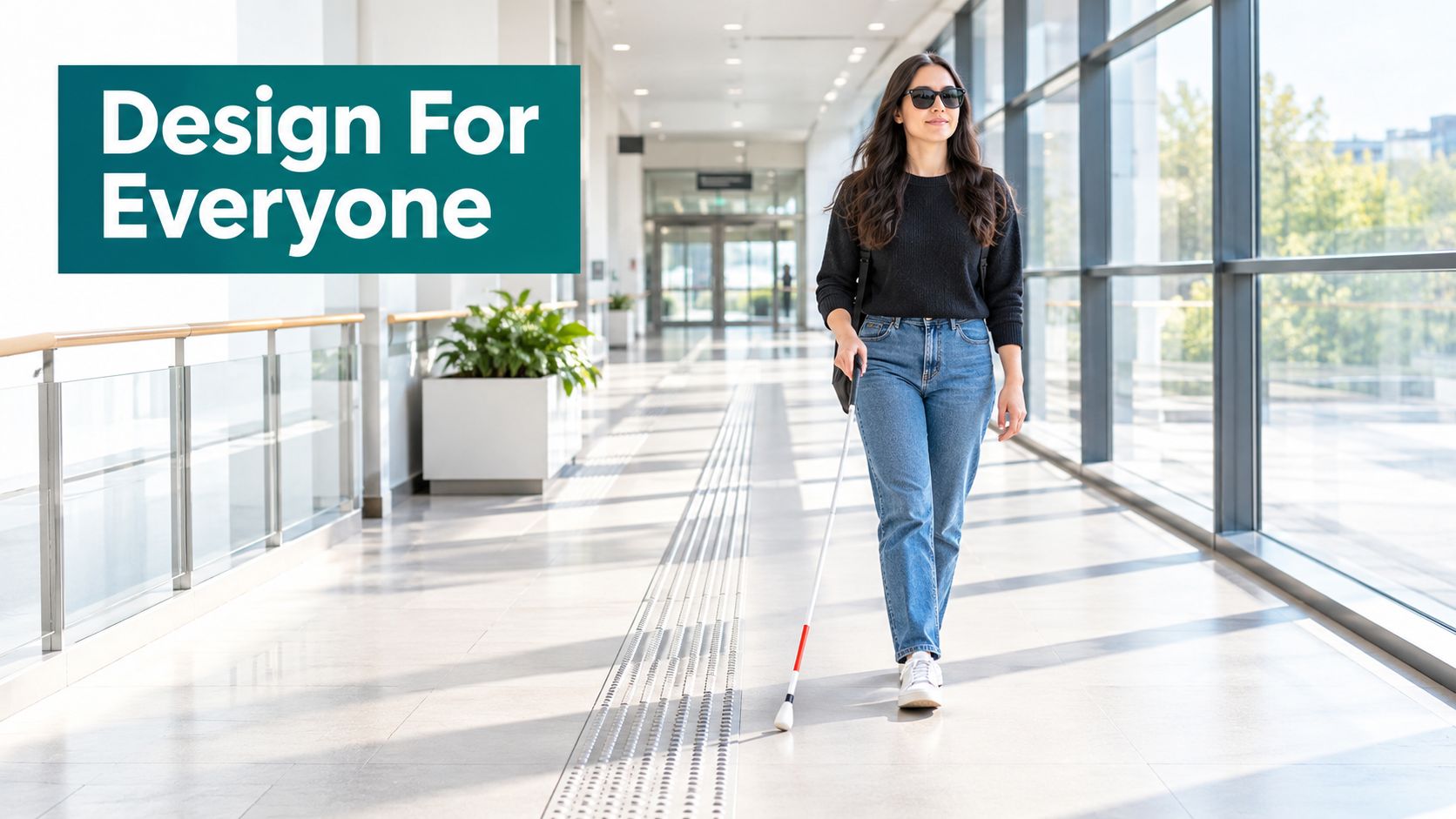 A woman with a white cane walking through a modern, accessible building corridor during the day.