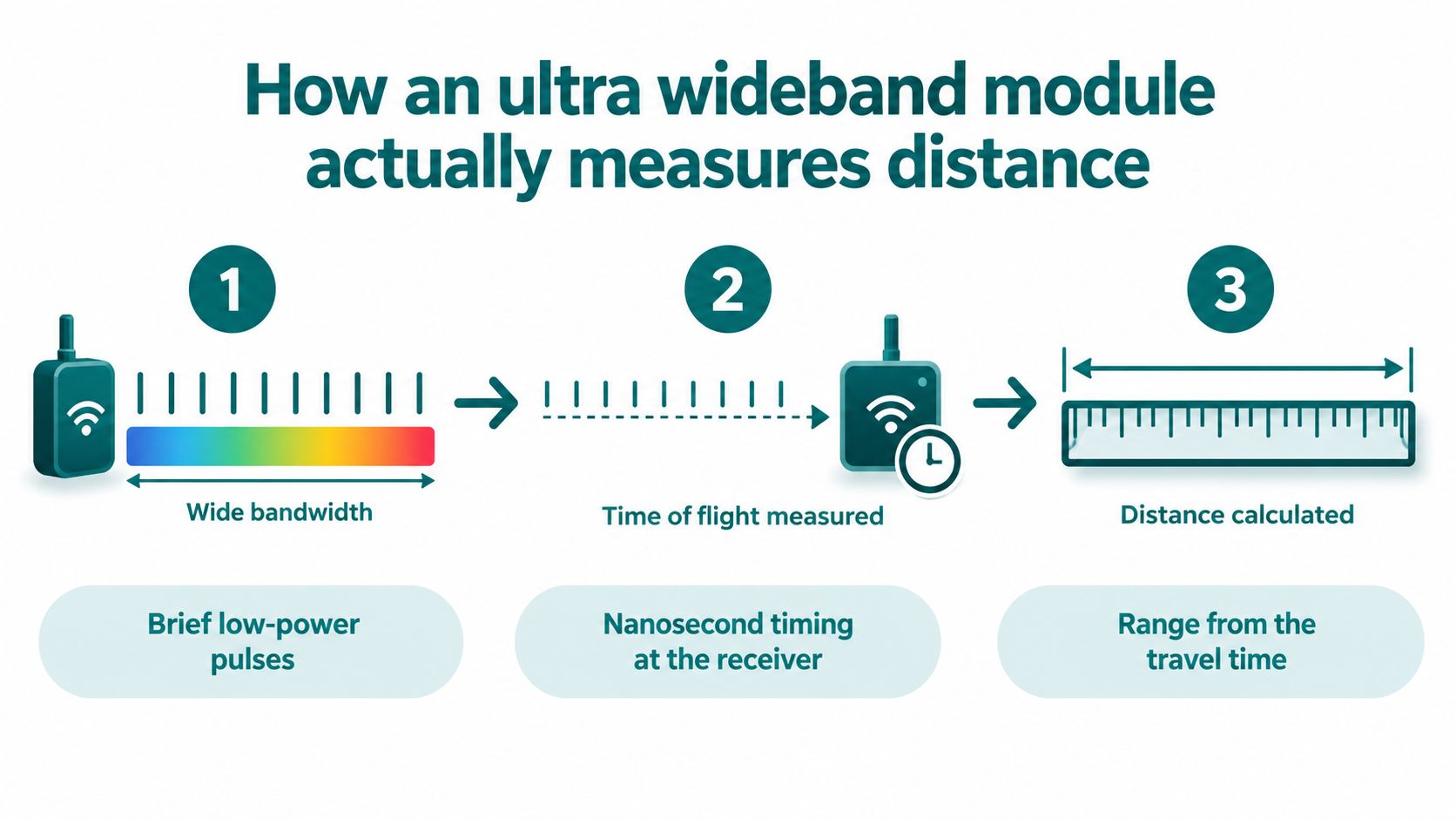 A diagram illustrating how an ultra wideband module calculates distance using pulses, time of flight, and ranging.