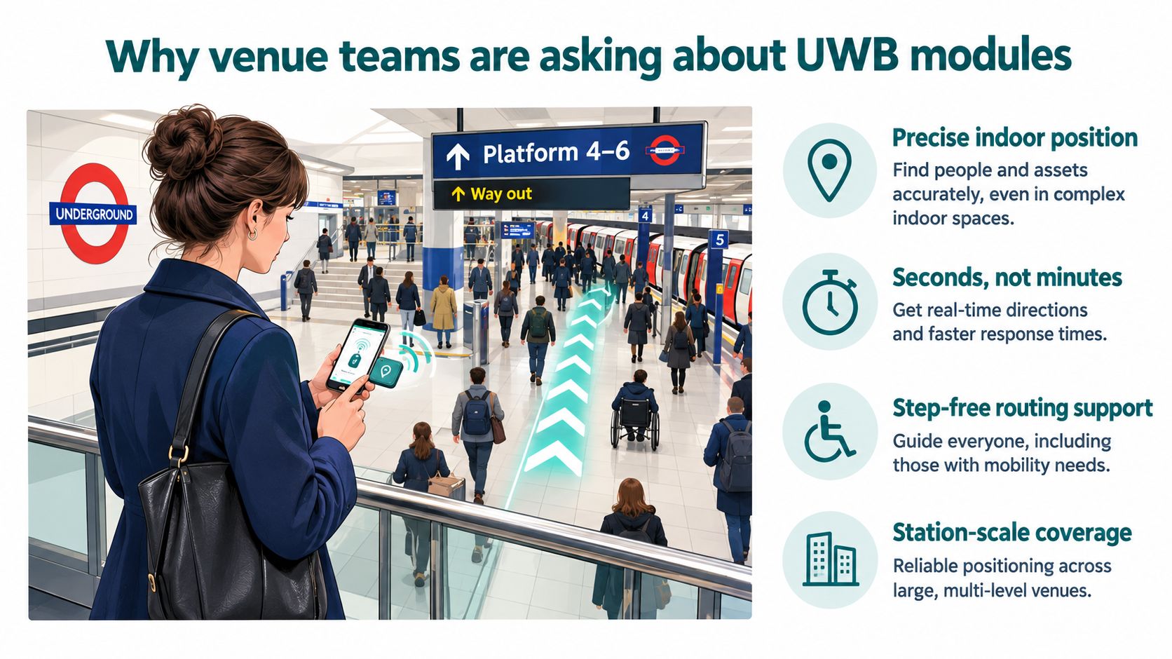 A woman using a smartphone for indoor navigation in a London Underground station using UWB technology.