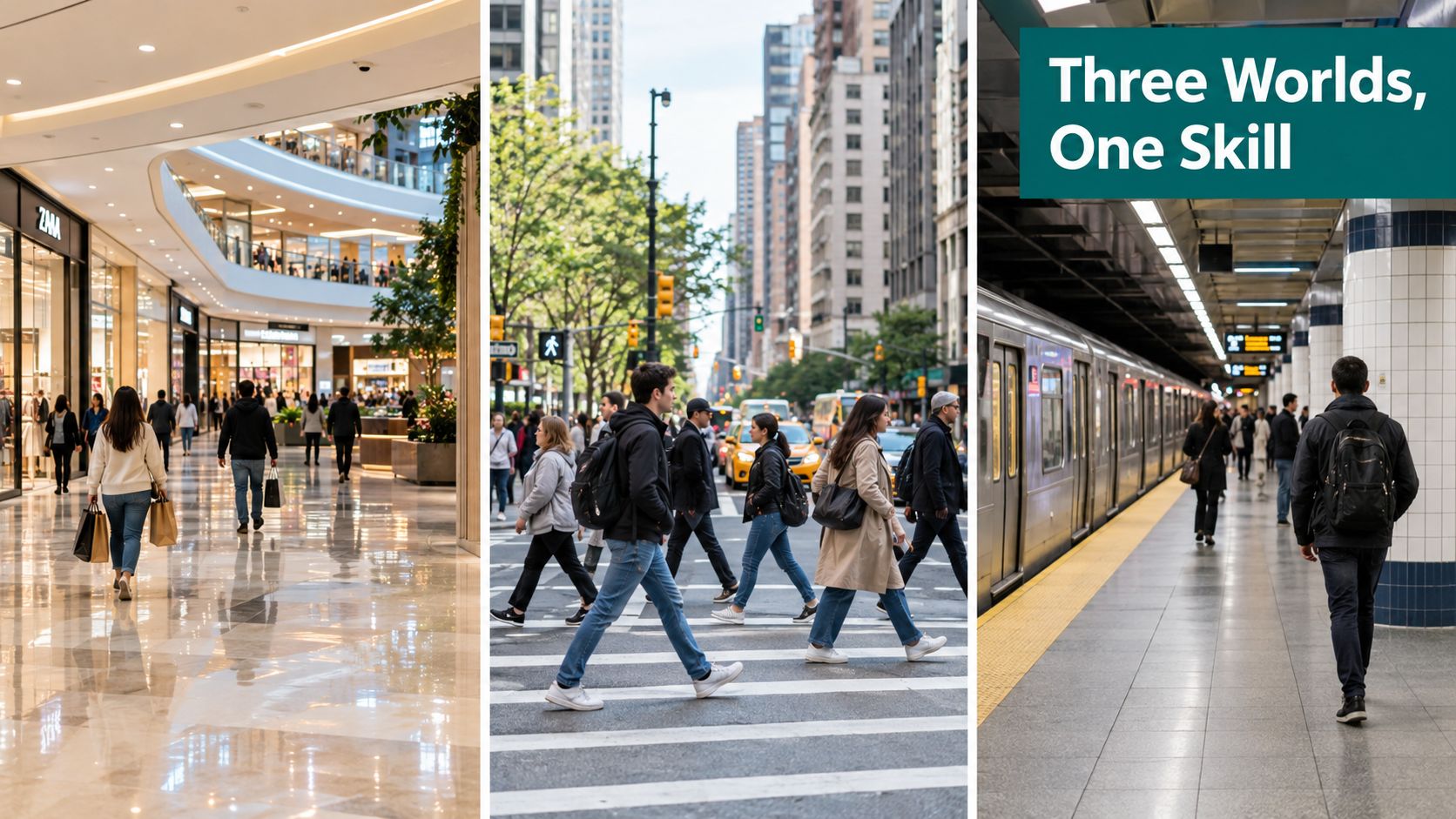 A three-part composition showing a shopping mall, a busy city crosswalk, and a subway station platform.
