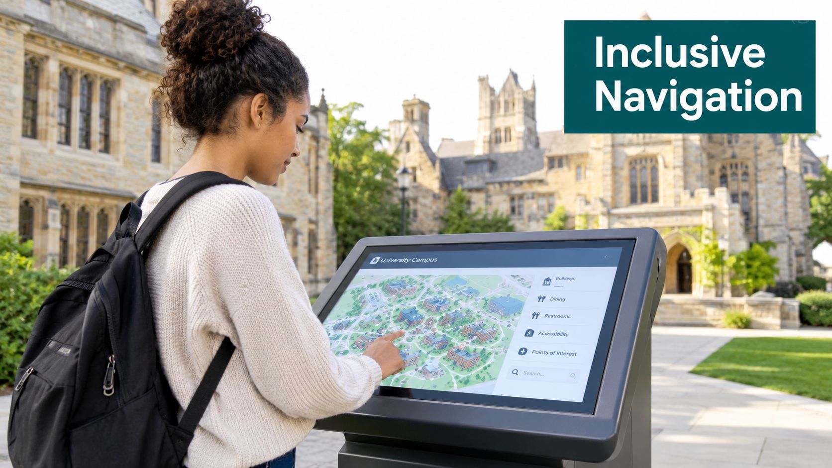 A student using an interactive digital map kiosk on a university campus for inclusive navigation.