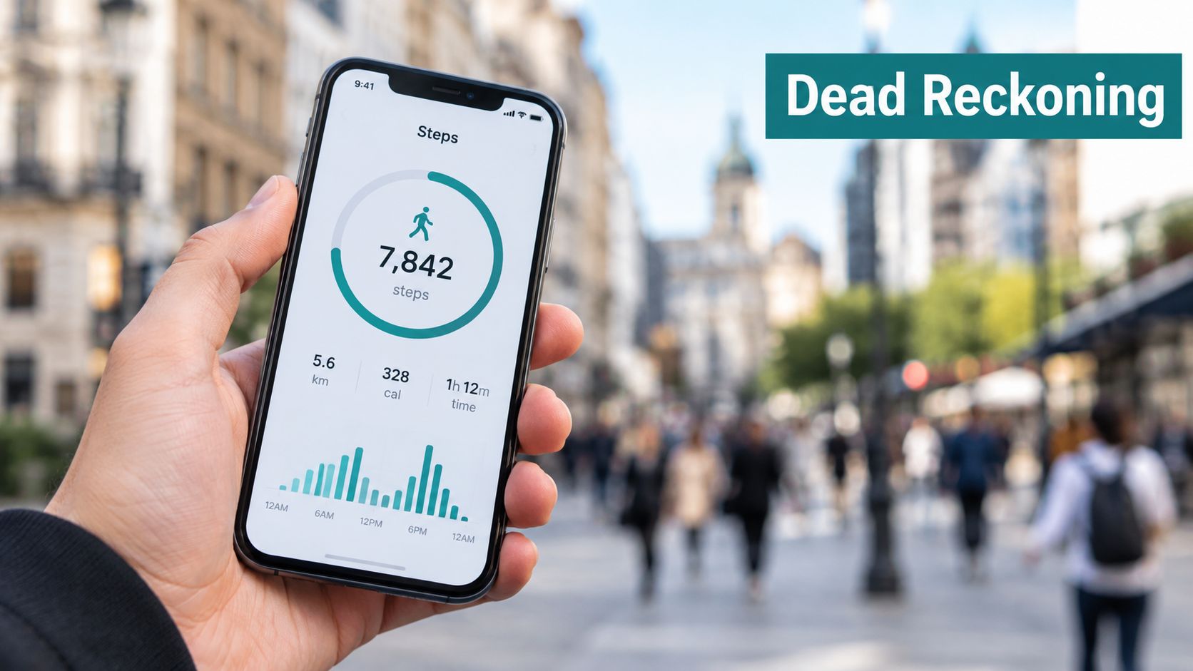 A person holding a smartphone displaying a fitness tracking app with step count and activity data.