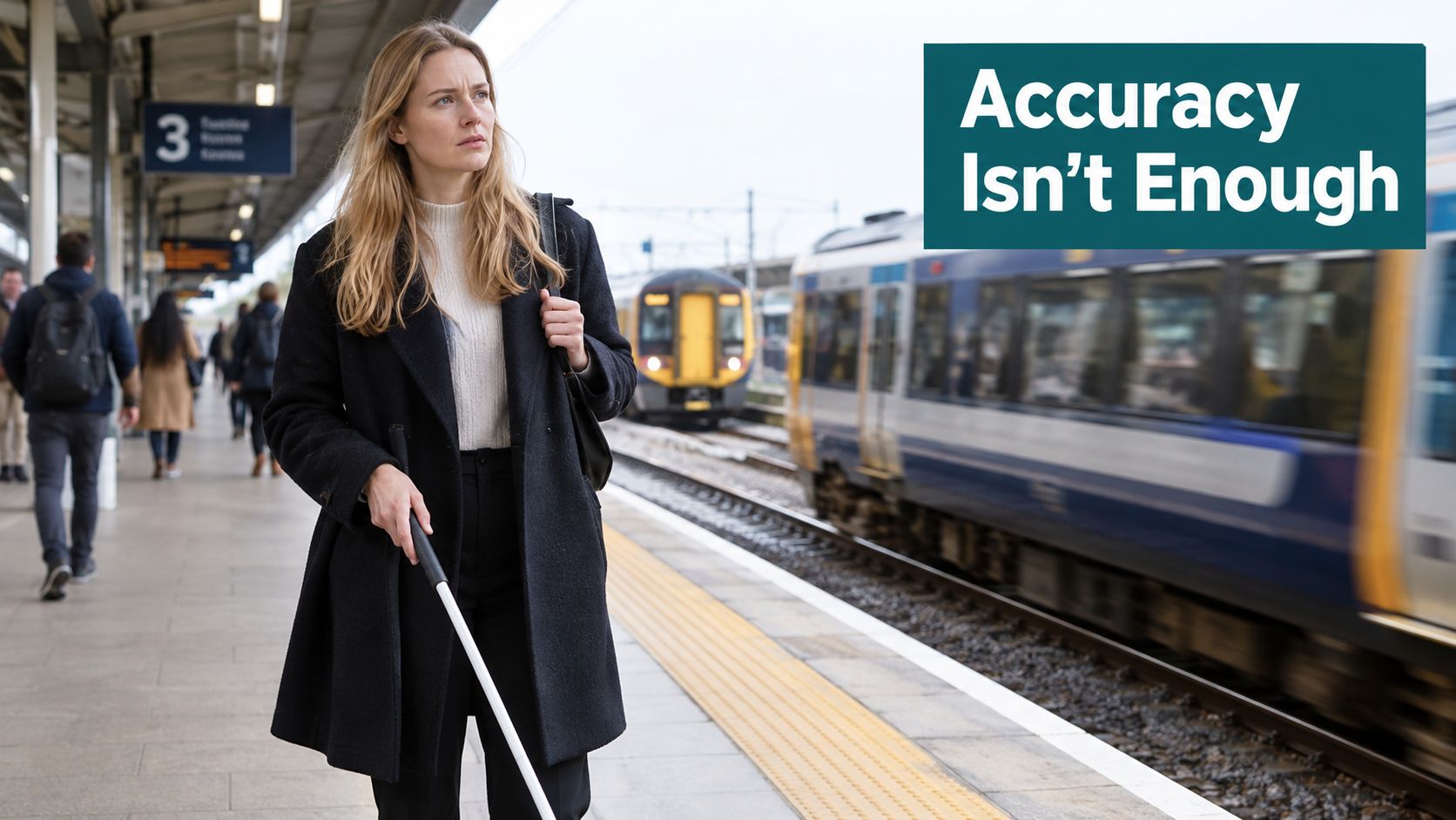 A visually impaired woman with a white cane standing on a train station platform, focusing on accessibility.