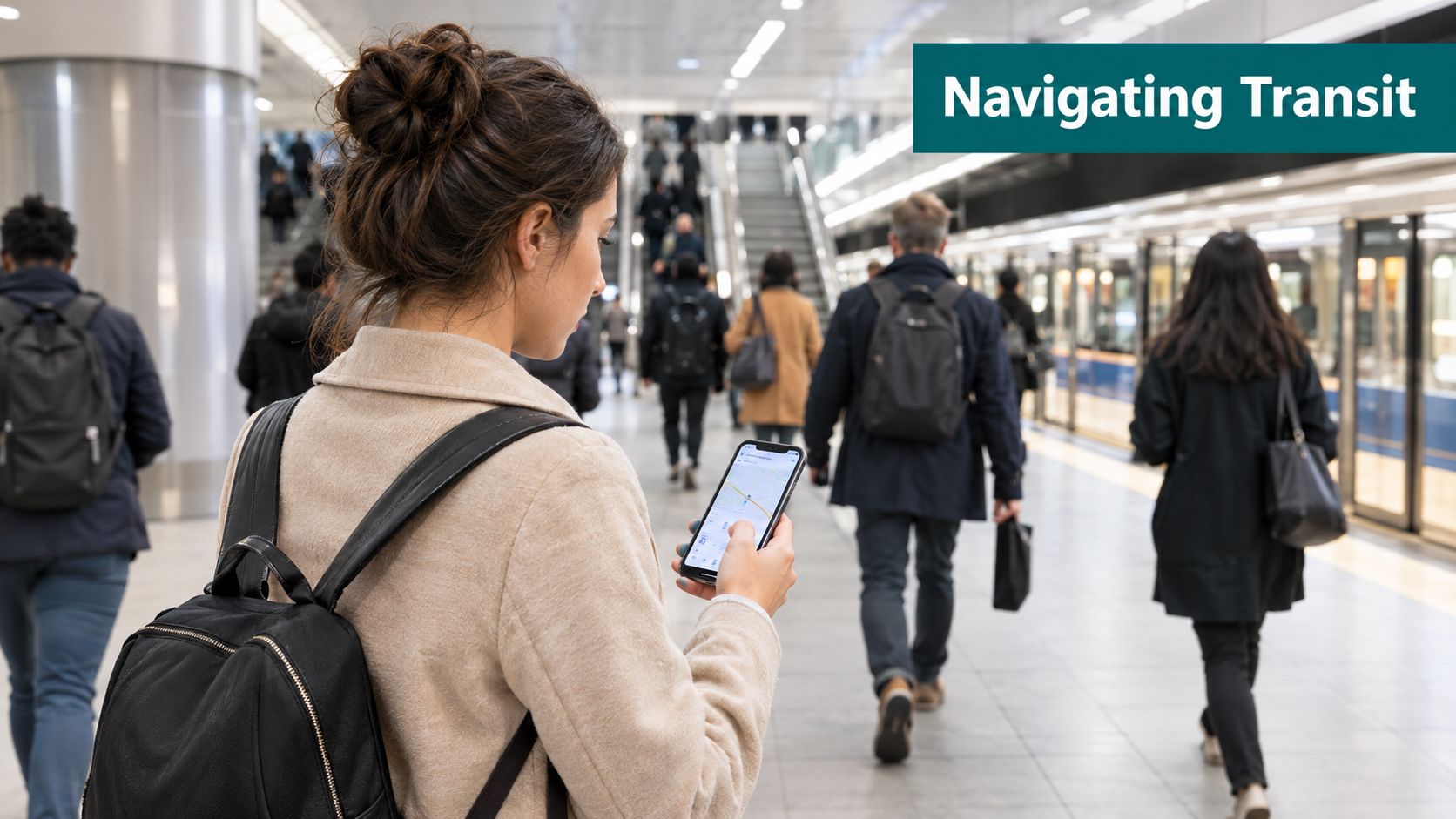 A young woman checks a transit navigation map on her smartphone at a busy train station platform.