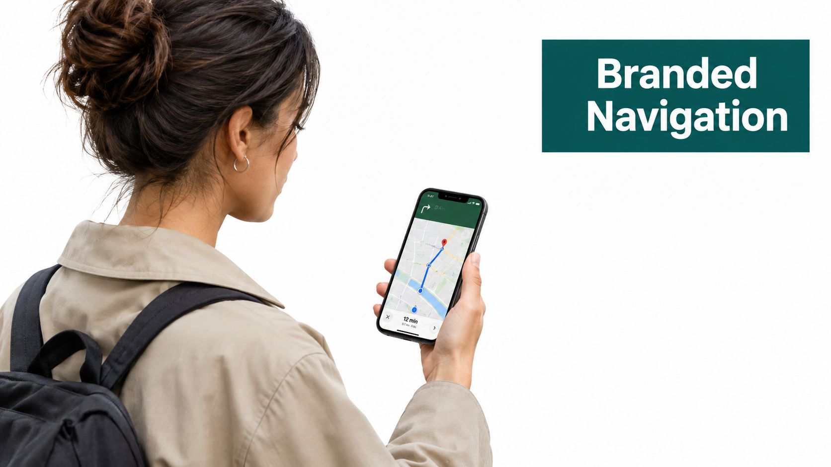 A woman holding a smartphone displaying a map application with navigation directions on a white background.