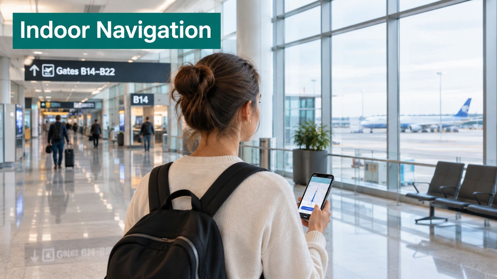 A young woman using an indoor navigation app on her smartphone while standing in an airport terminal.
