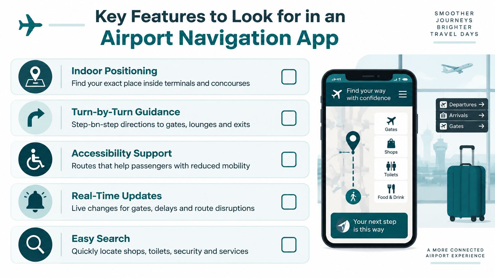 An infographic highlighting five essential features for airport navigation mobile applications to improve the traveler experience.