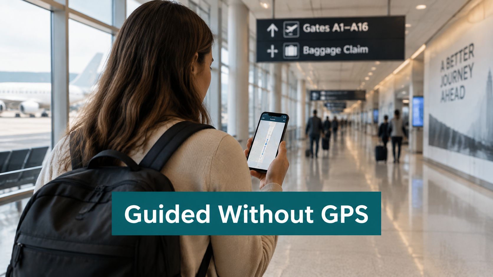 A traveler holding a smartphone with a navigation app while walking through a bright modern airport terminal.
