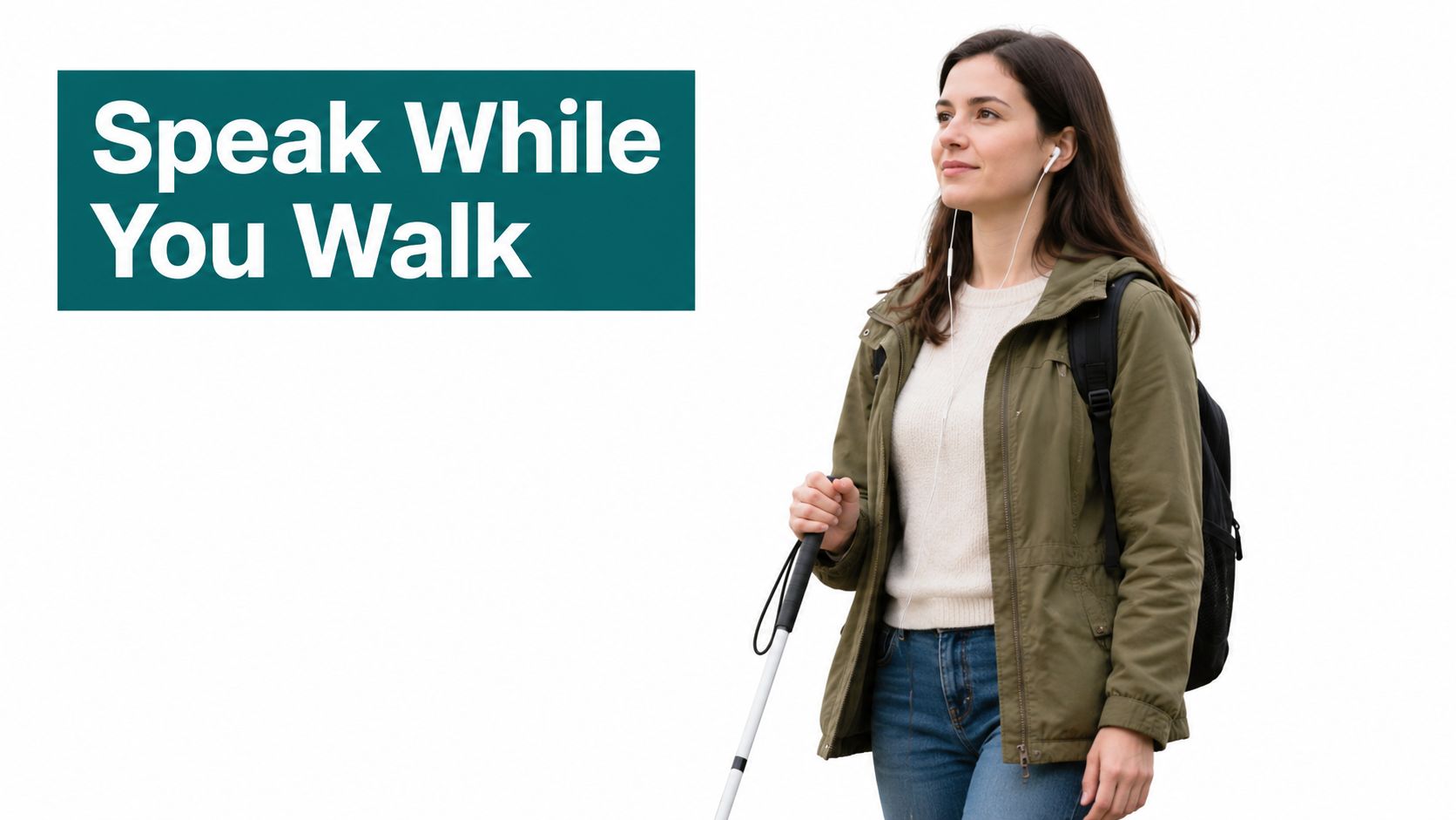 A visually impaired woman with a white cane listening to audio while walking outdoors.
