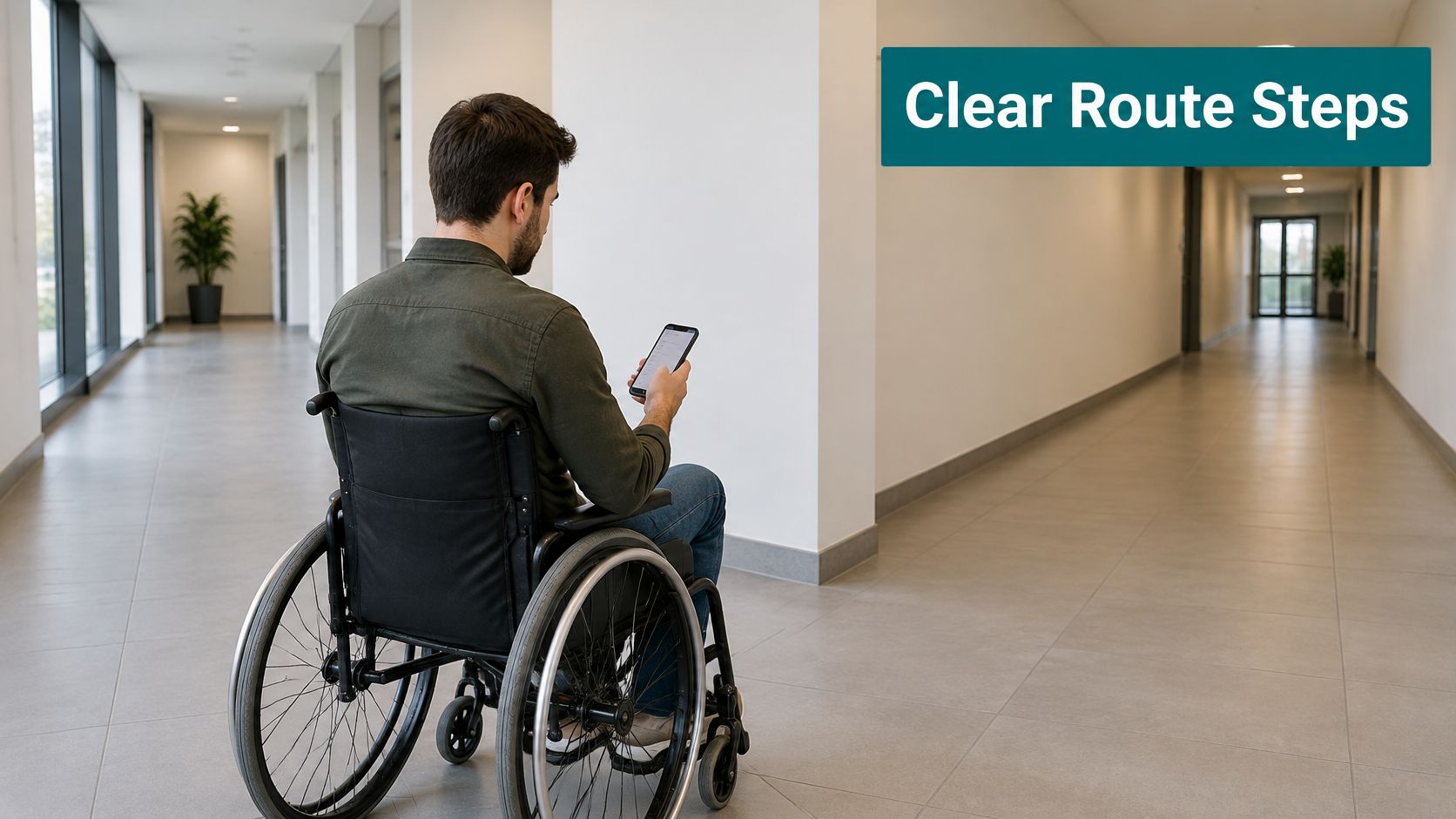 A person in a wheelchair using a smartphone in a bright, modern office hallway with clear corridors.