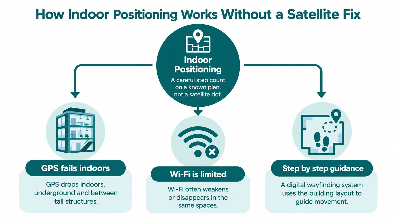 An infographic explaining how indoor positioning systems work as an alternative to satellite-based GPS navigation.