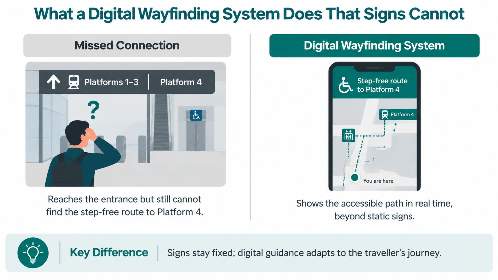 Comparison infographic showing a traveler struggling with static signs versus a digital wayfinding system providing accessible routes.
