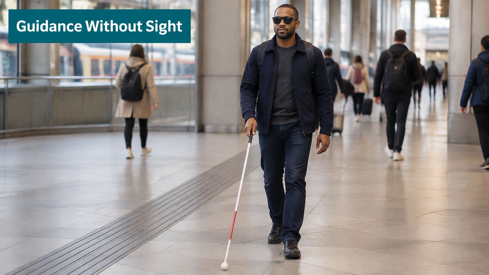 A blind man walking through a modern train station using a white cane for navigation and guidance.