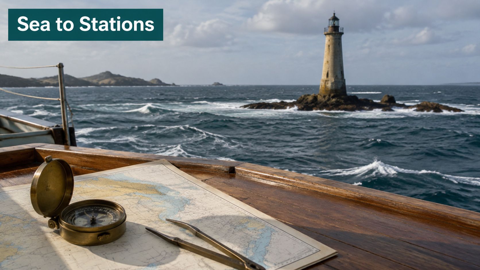 A brass compass and navigation dividers resting on a nautical map aboard a boat near a lighthouse.