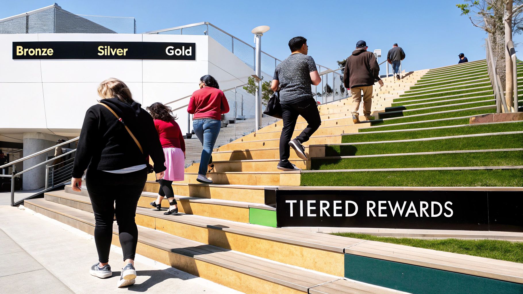 Infographic showcasing the structure of a Tiered Membership Program, with levels like Bronze, Silver, and Gold, and corresponding benefits for each tier.