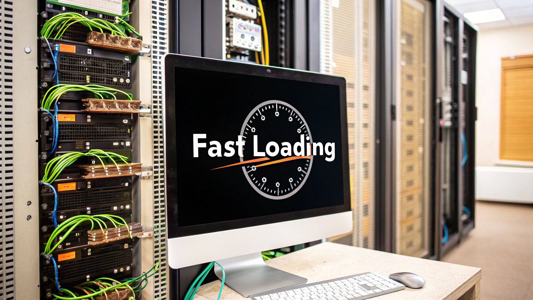 A graphic illustrating the impact of page load speed on user experience and conversions, with a speedometer-like dial pointing towards a fast green zone.