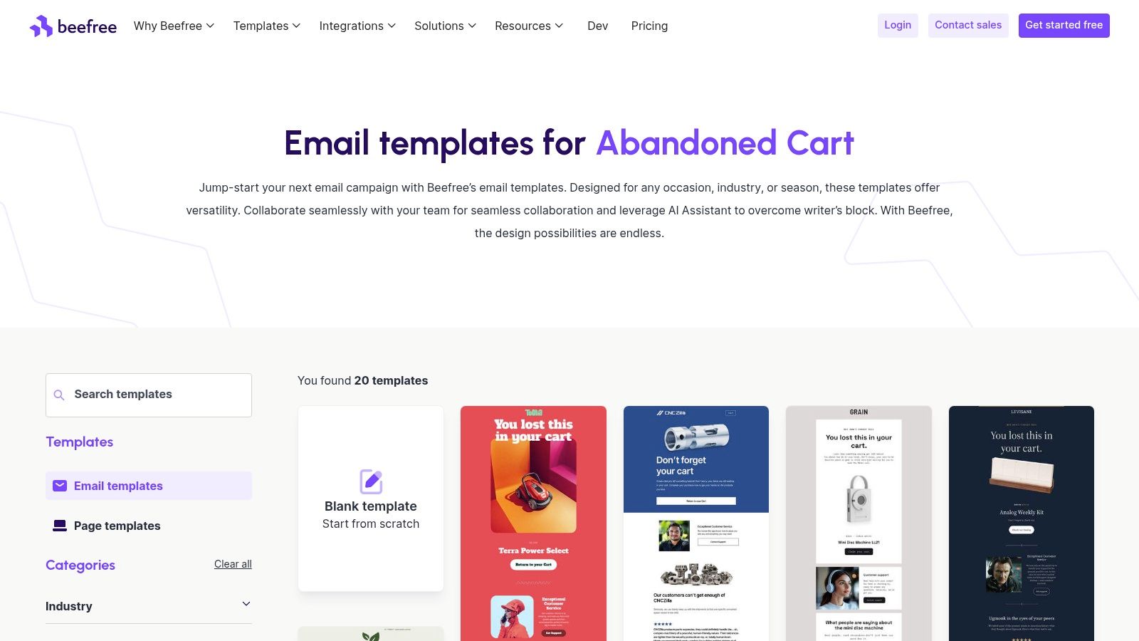 Beefree's library of abandoned cart email templates.