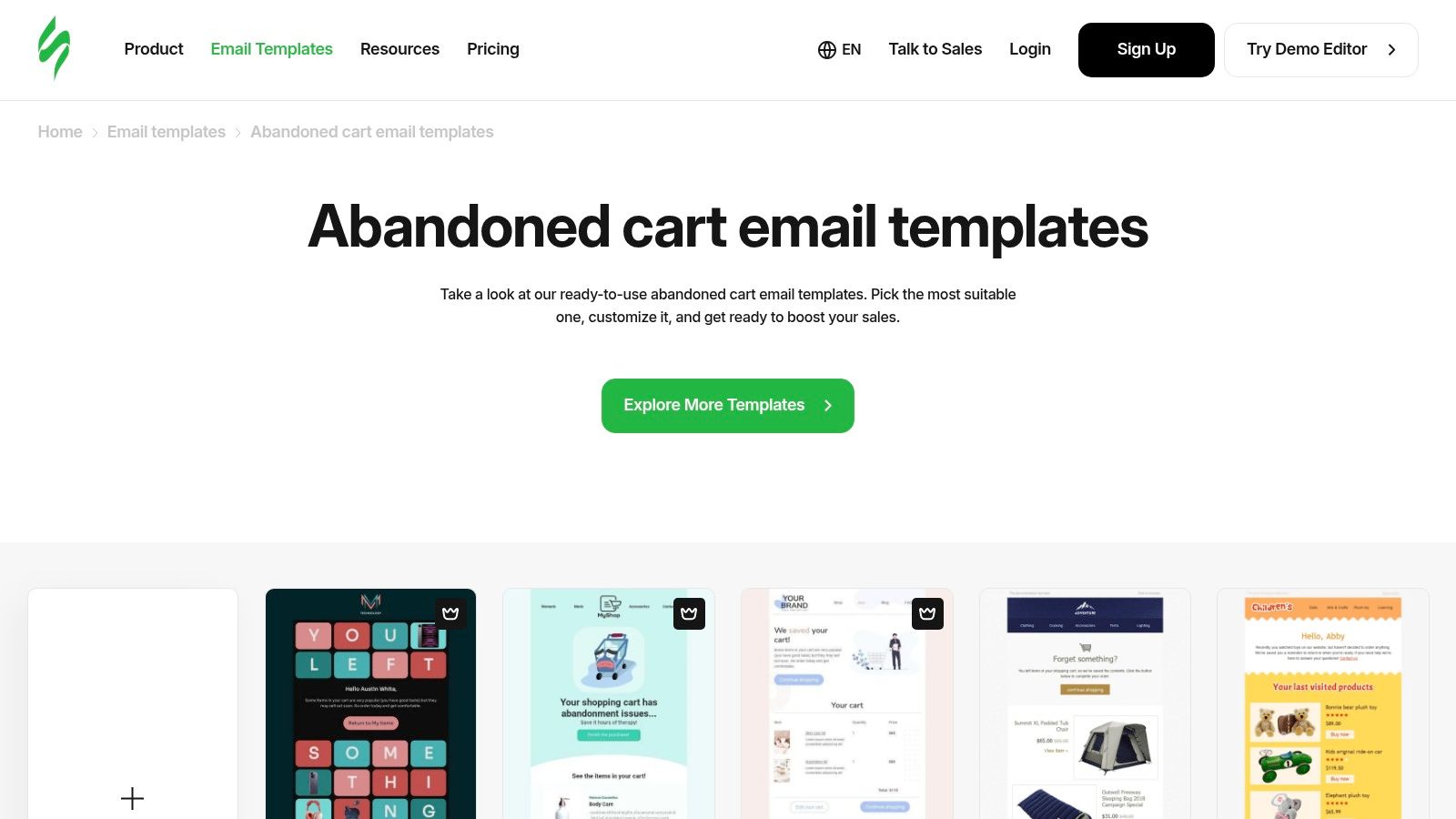 Stripo's email template builder showcasing its drag-and-drop interface and template options.