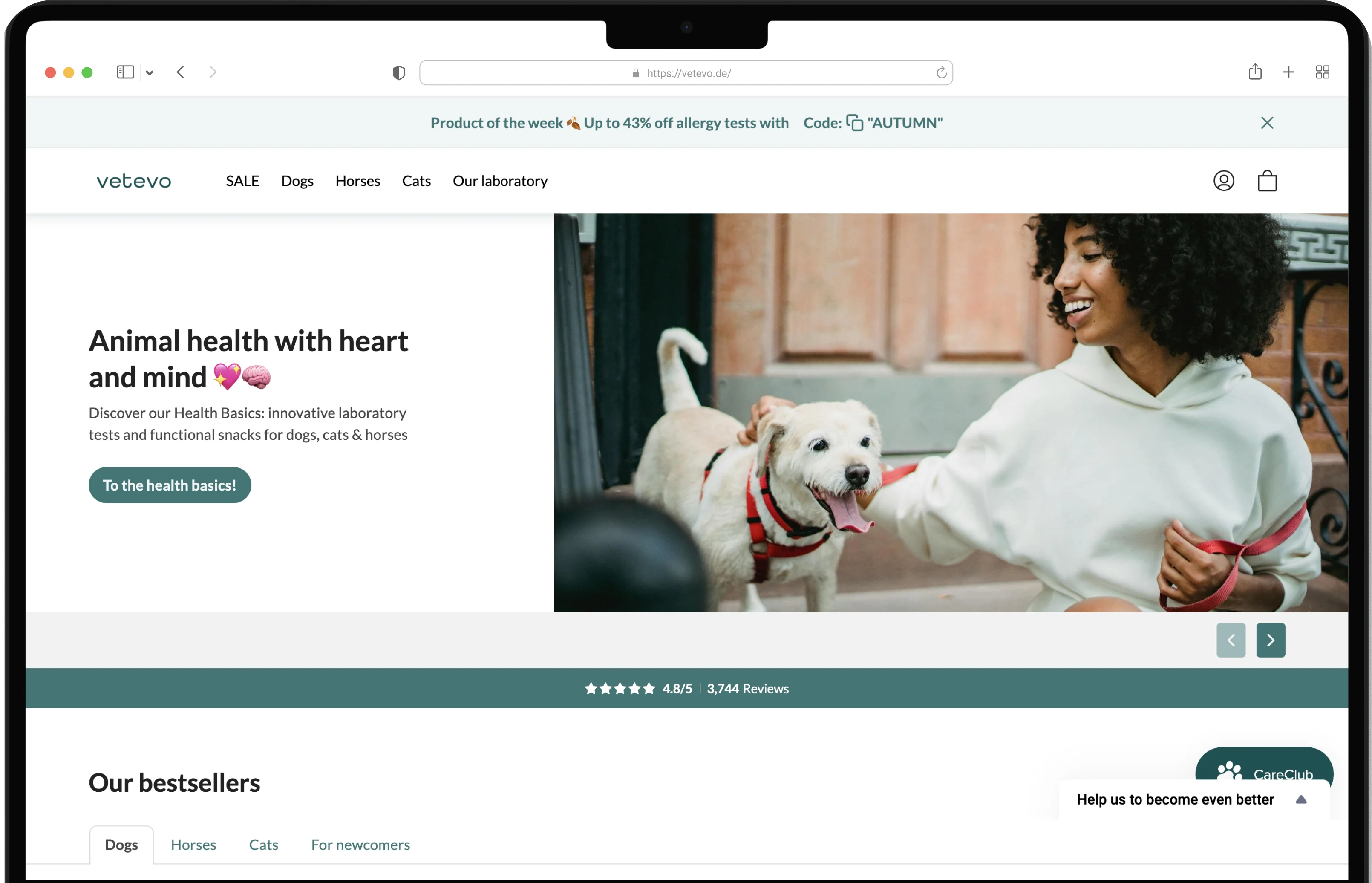 Homepage desktop view for Vetevo- a personalised pet care provider. The hero section includes an image of a happy dog with their owner.