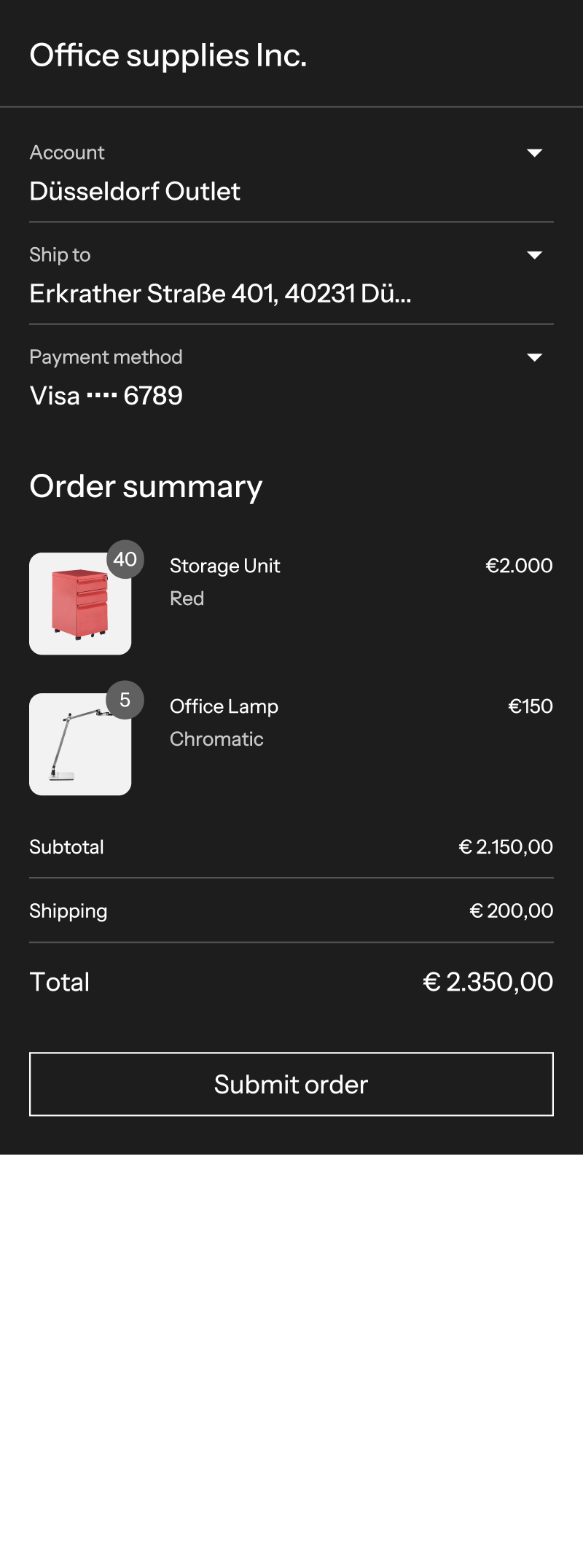 Streamlined B2B eCommerce checkout UI showing company account details, order summary, and payment method for corporate buyers.