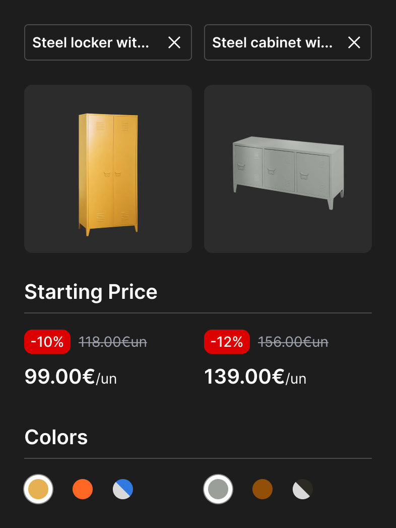 Interactive B2B eCommerce product configurator for selecting materials, colors, and pricing for industrial storage solutions.