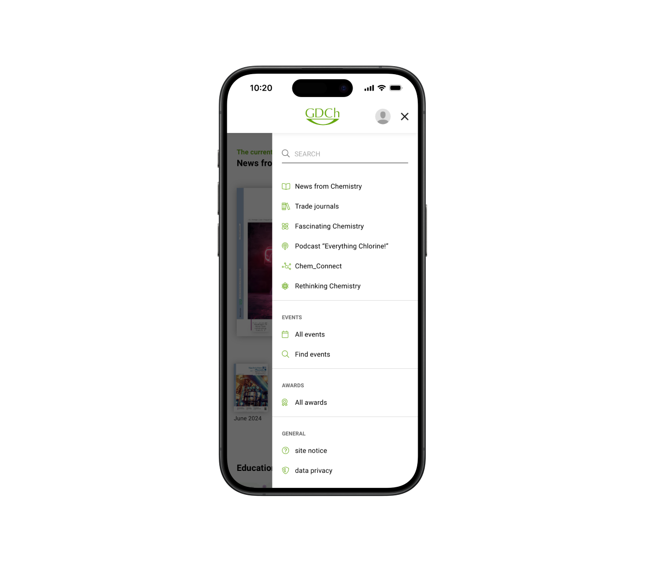 Mobile GDCh app menu displaying content categories like 'Chemistry News,’ ’Scientific journals,' 'Events,' and 'Awards.'