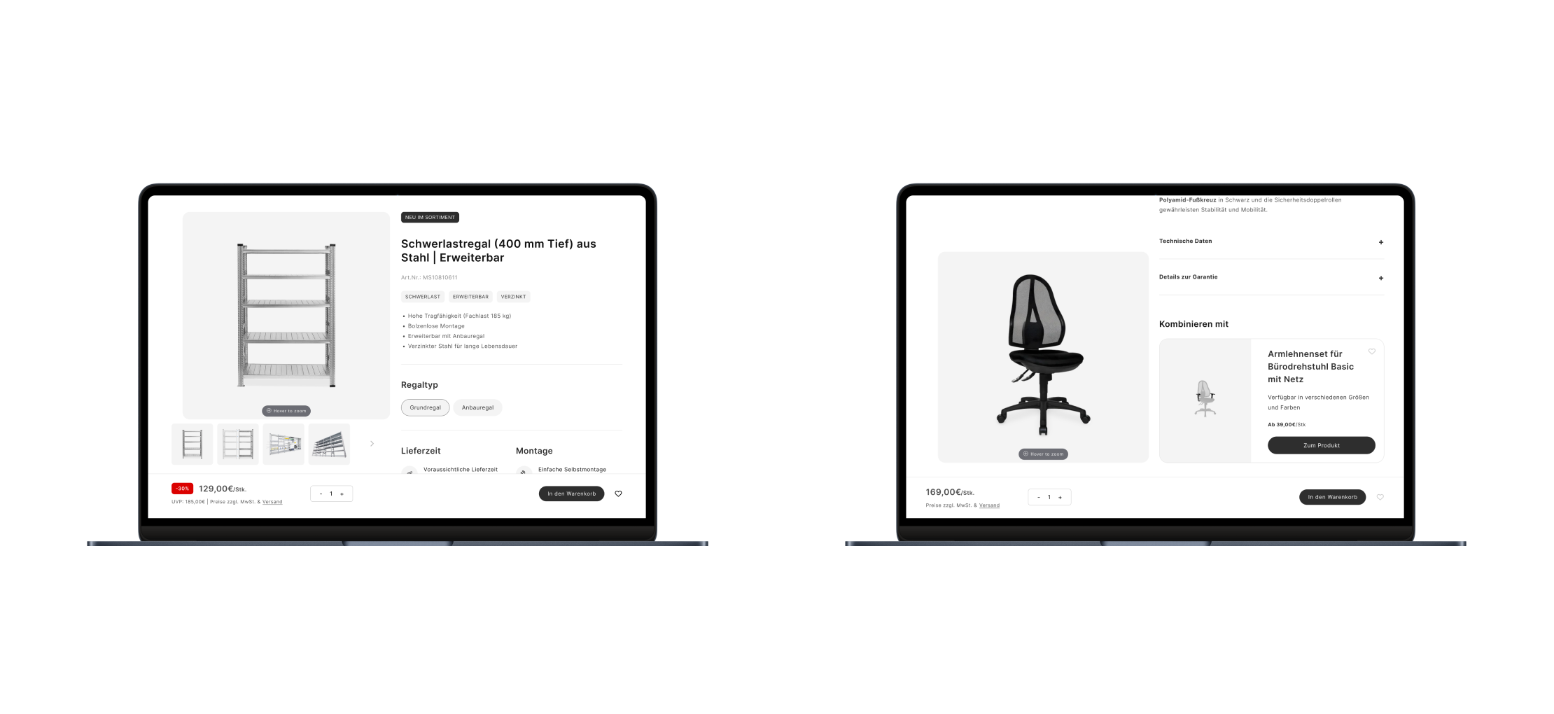 Zwei Desktop-Produktseiten: Ein Stahlregal mit Abmessungen und Preis sowie ein Bürostuhl mit Kombinationsoptionen.
