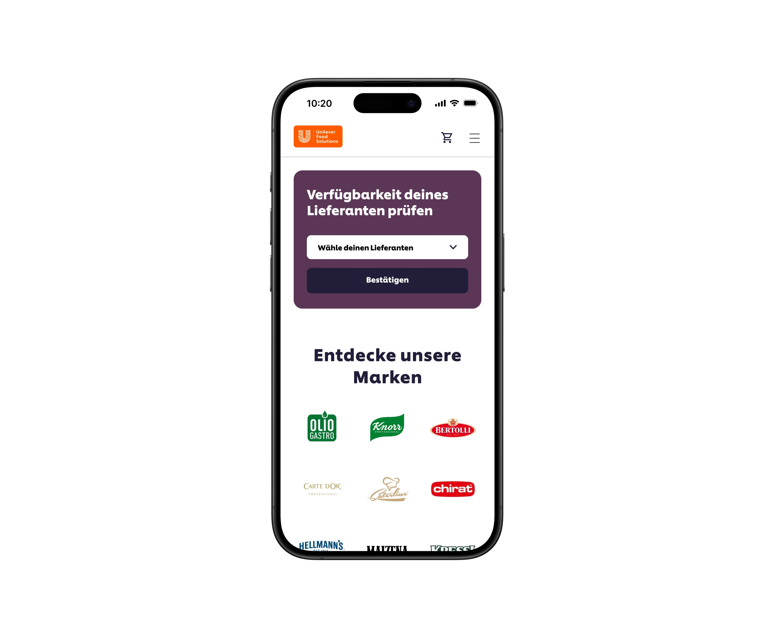 Mobiles Modell einer Homepage, auf der der Benutzer aufgefordert wird, den Anbieter seiner Wahl auszuwählen. Darunter ein Raster mit UFS-Markenlogos, darunter die von Knorr und Hellmann.