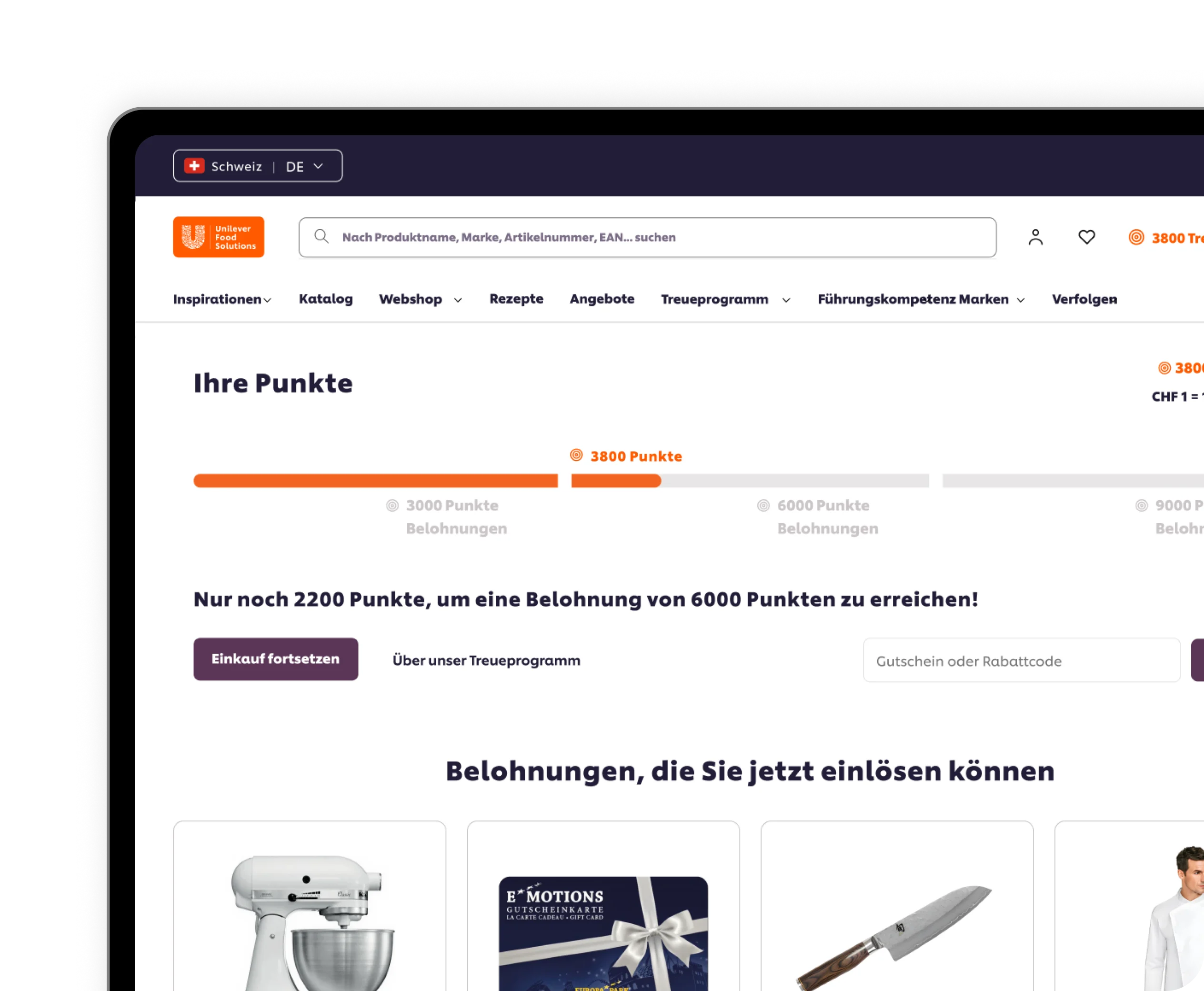 Das Desktop-Modell der UFS-Prämienplattform zeigt einen Fortschrittsbalken mit Treuepunkten an