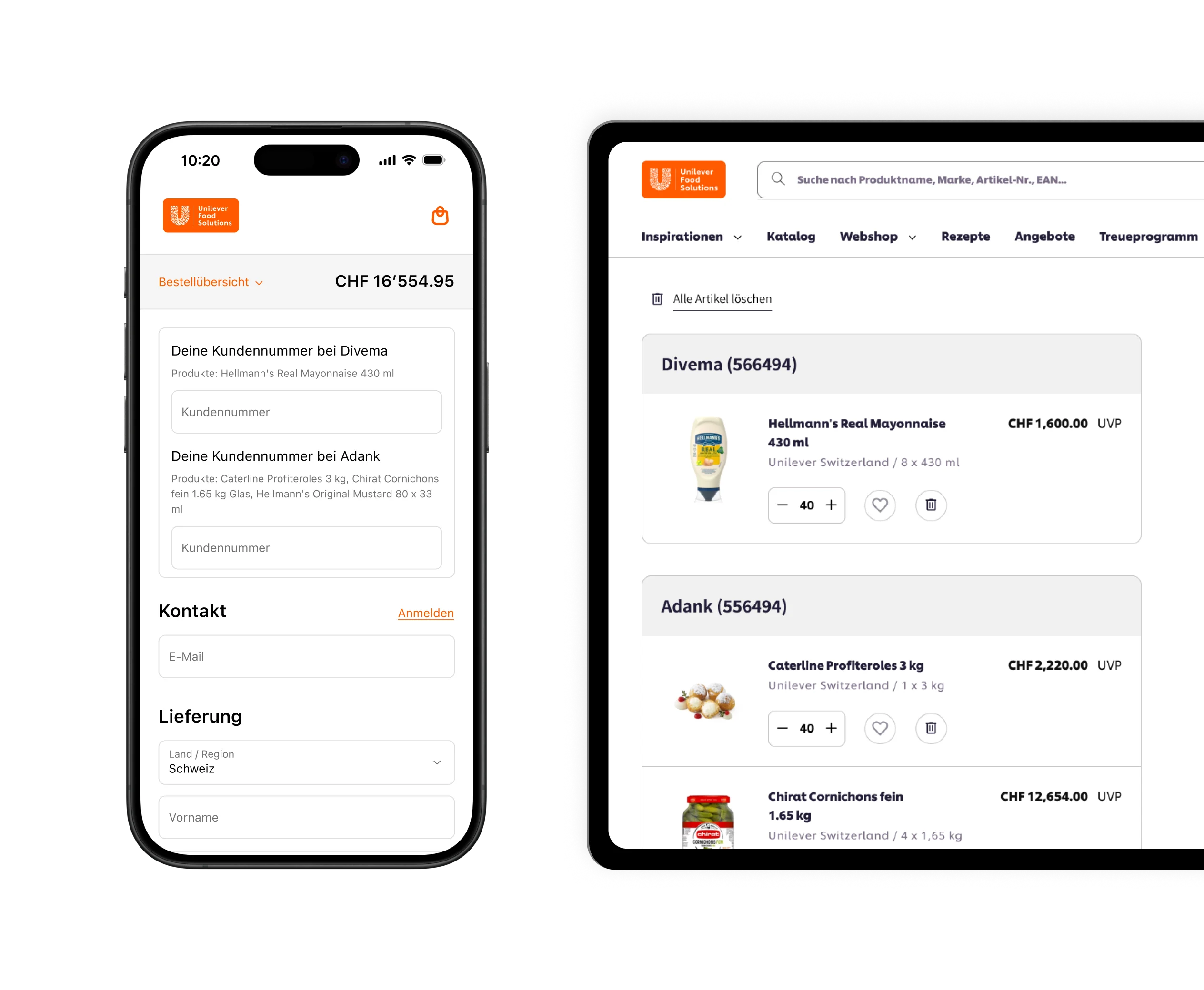 Mobiles Mockup, das den Shopify-Checkout darstellt, und ein Desktop-Modell, das die maßgeschneiderte Warenkorbseite des UFS-Webshops detailliert beschreibt