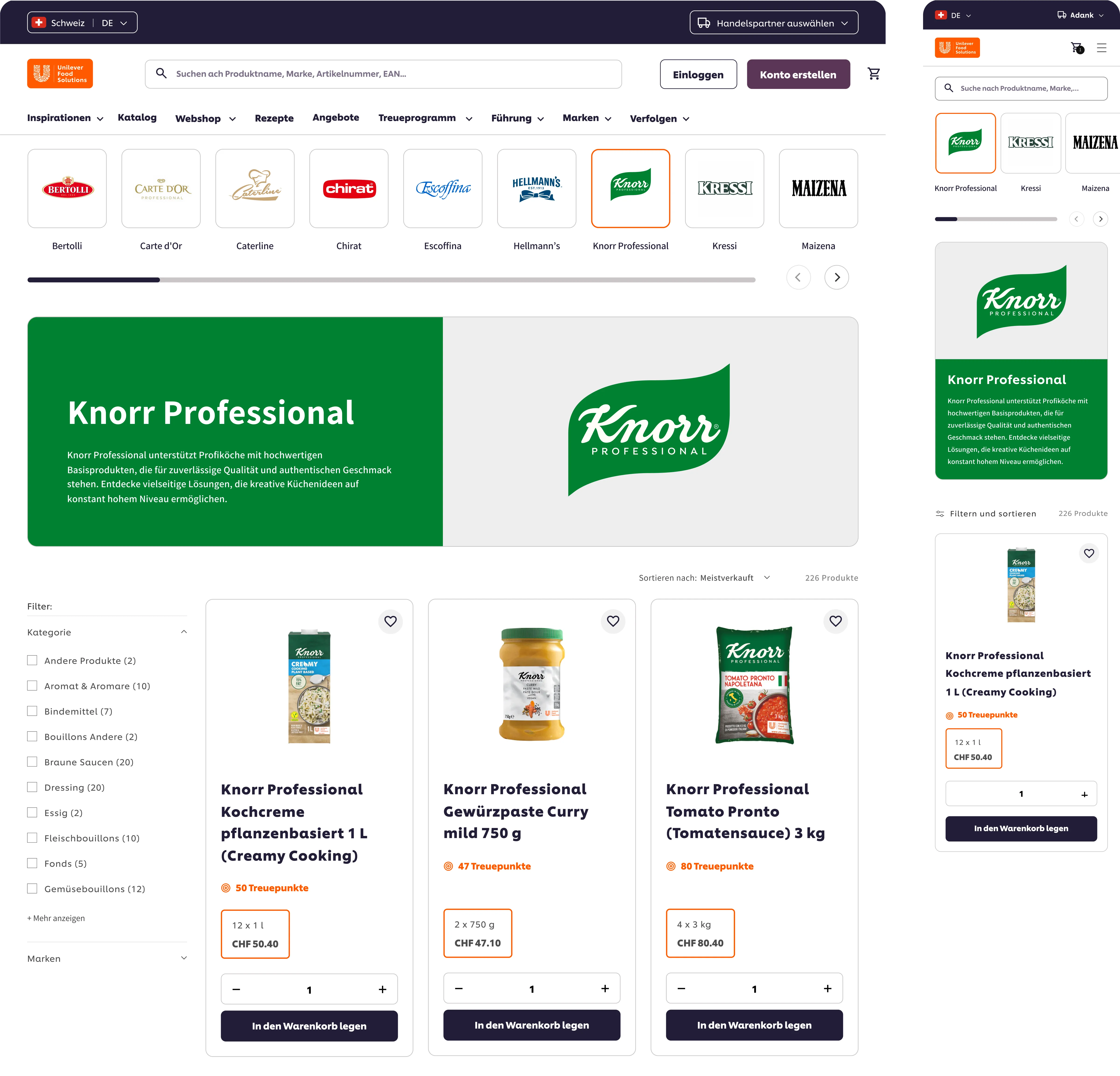 Desktop- und Mobilmodelle der UFS-Sammlungsseite. Darauf sehen wir die wichtigsten Navigationselemente, ein Markenbanner von Knorr, ein seitliches Filtermenü und ein Raster mit Produktkarten.