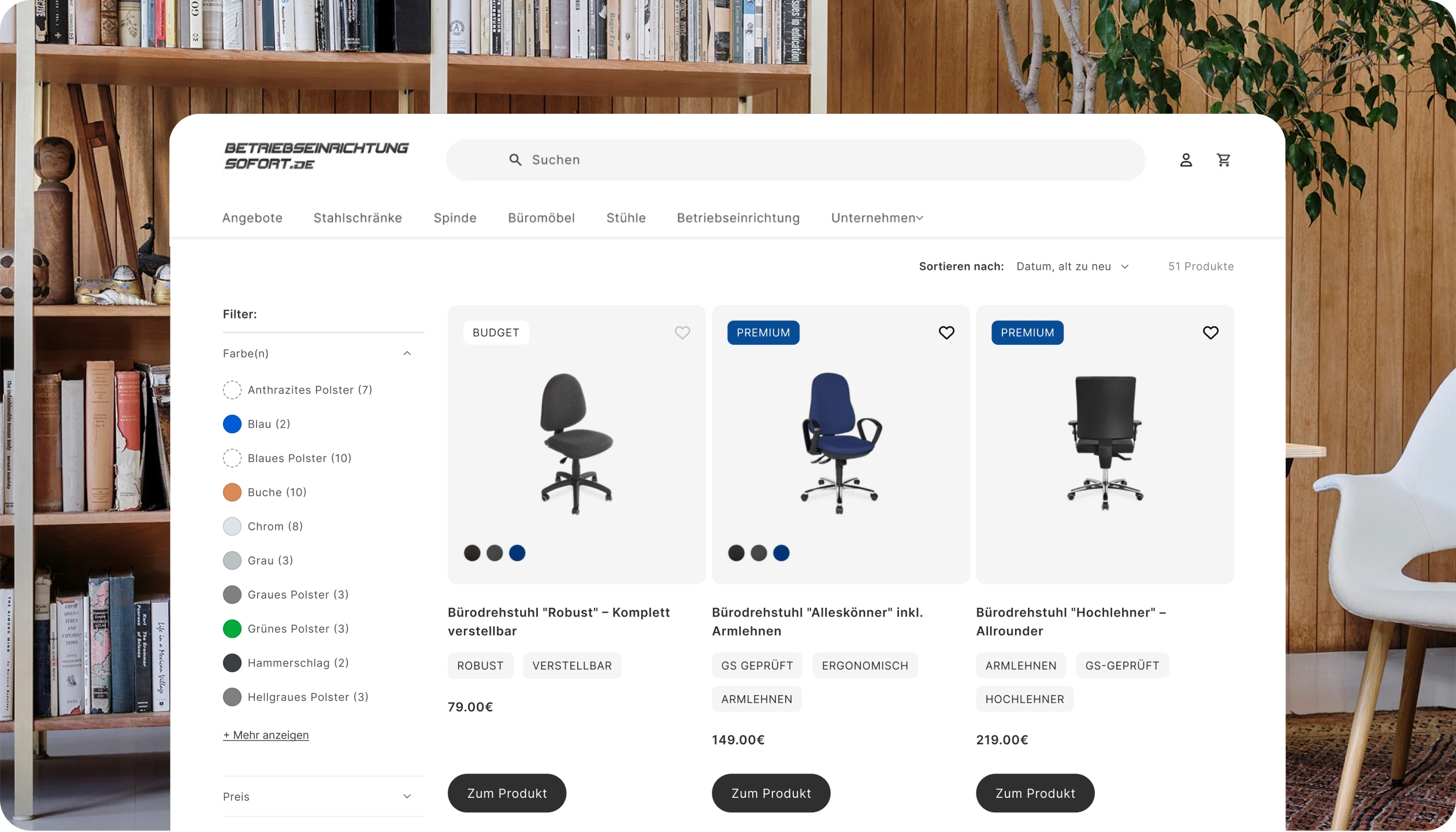 BES Online store page showing three office chairs with prices and color filter options on a wooden background.