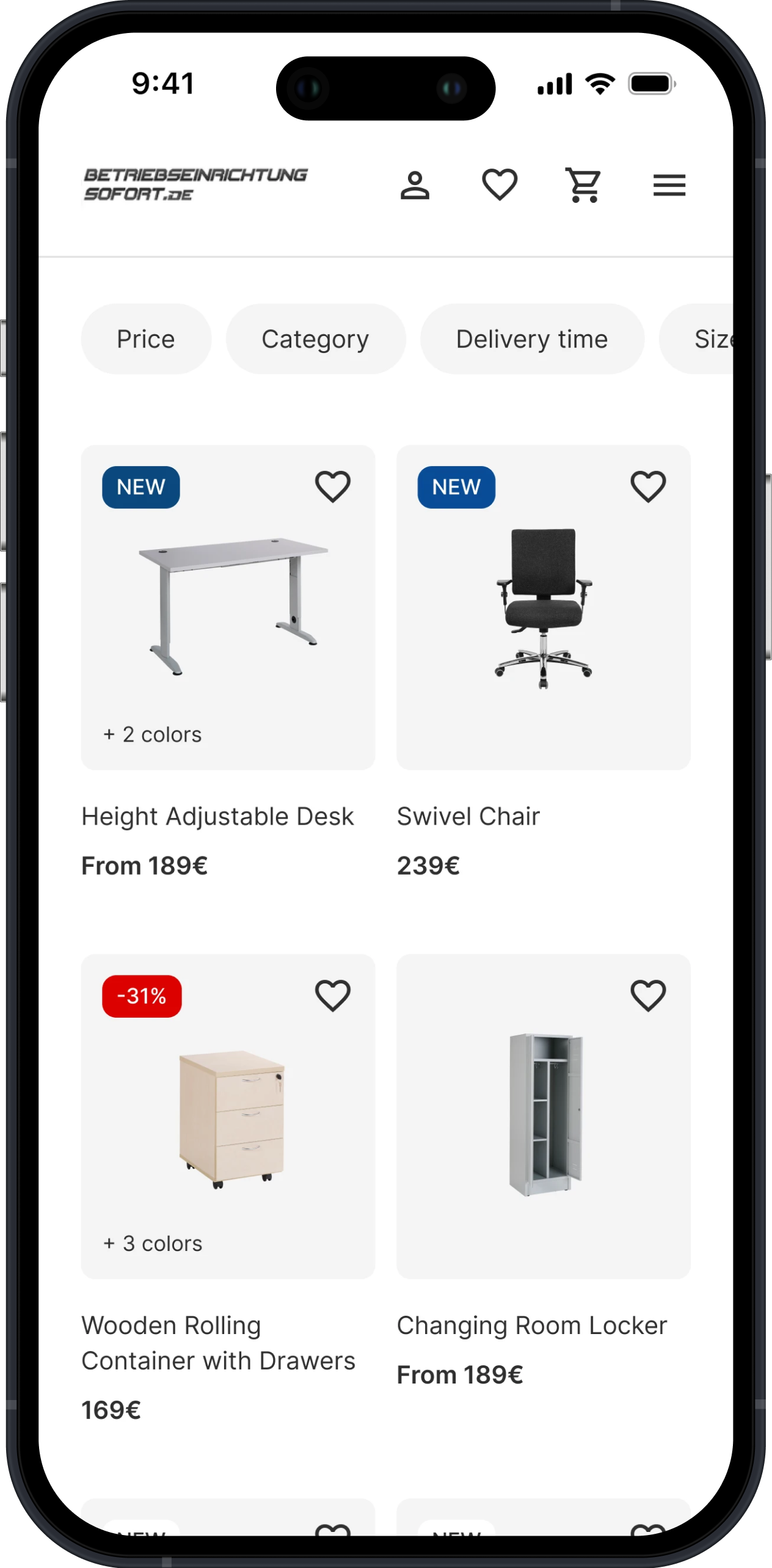 BES Mobile screen showing furniture products: adjustable desk, swivel chair, wooden container, and changing room locker.